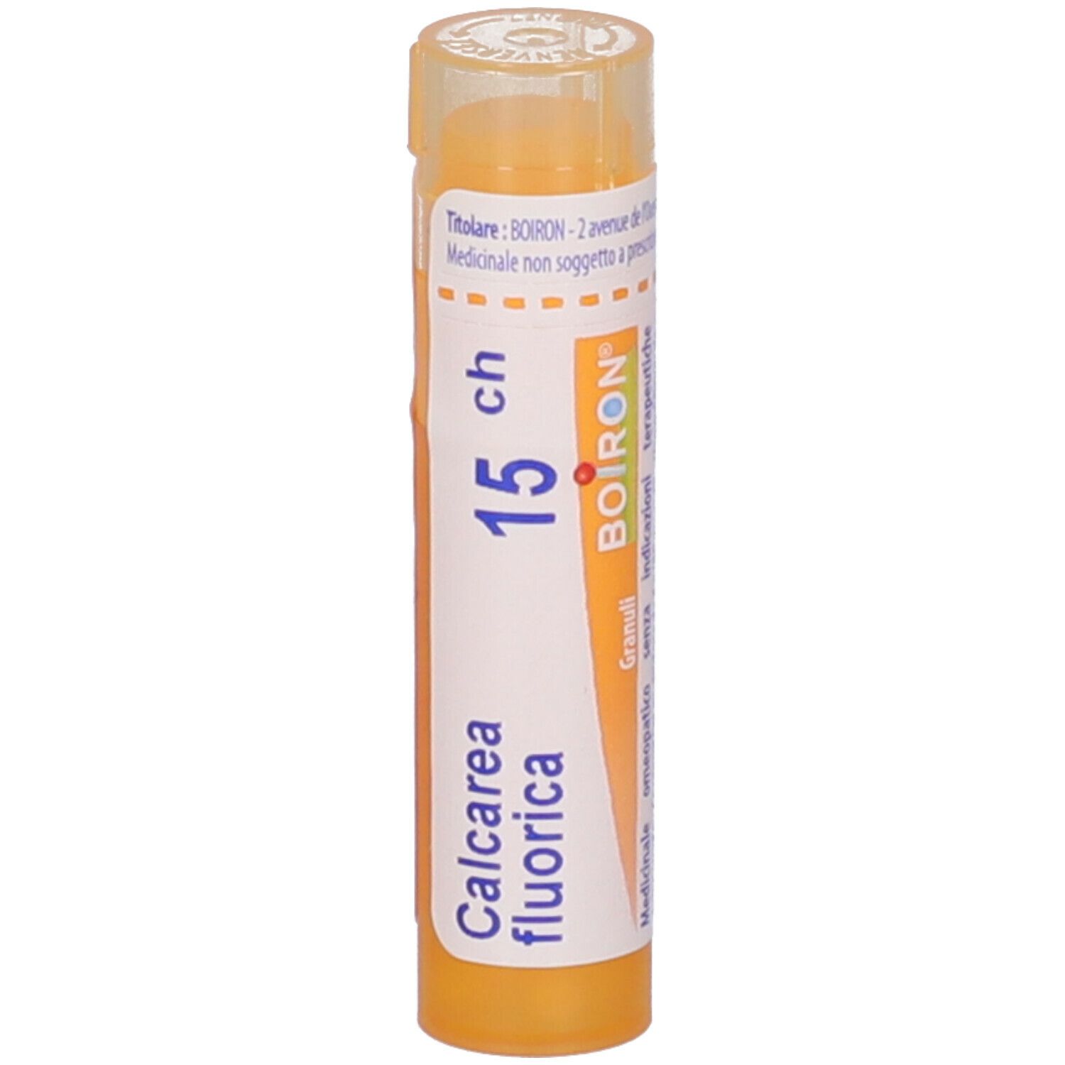 Tubo cilindrico giallo con etichetta bianca. Scritta: 'Calcarea fluorica 15 ch' e 'BOIRON'.