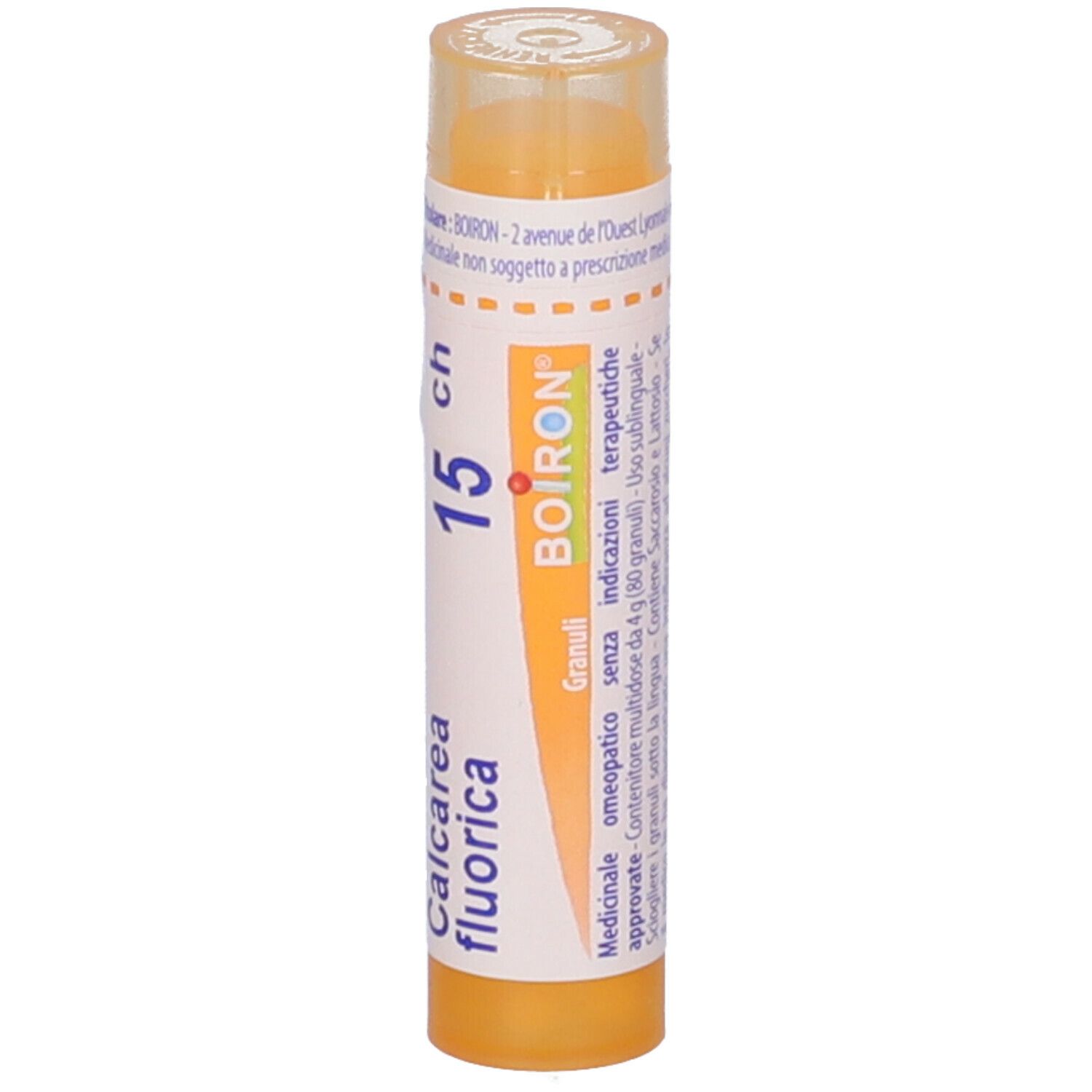 Tubo cilindrico giallo con etichetta bianca. Scritta: 'Calcarea fluorica 15 ch' e 'BOIRON'.
