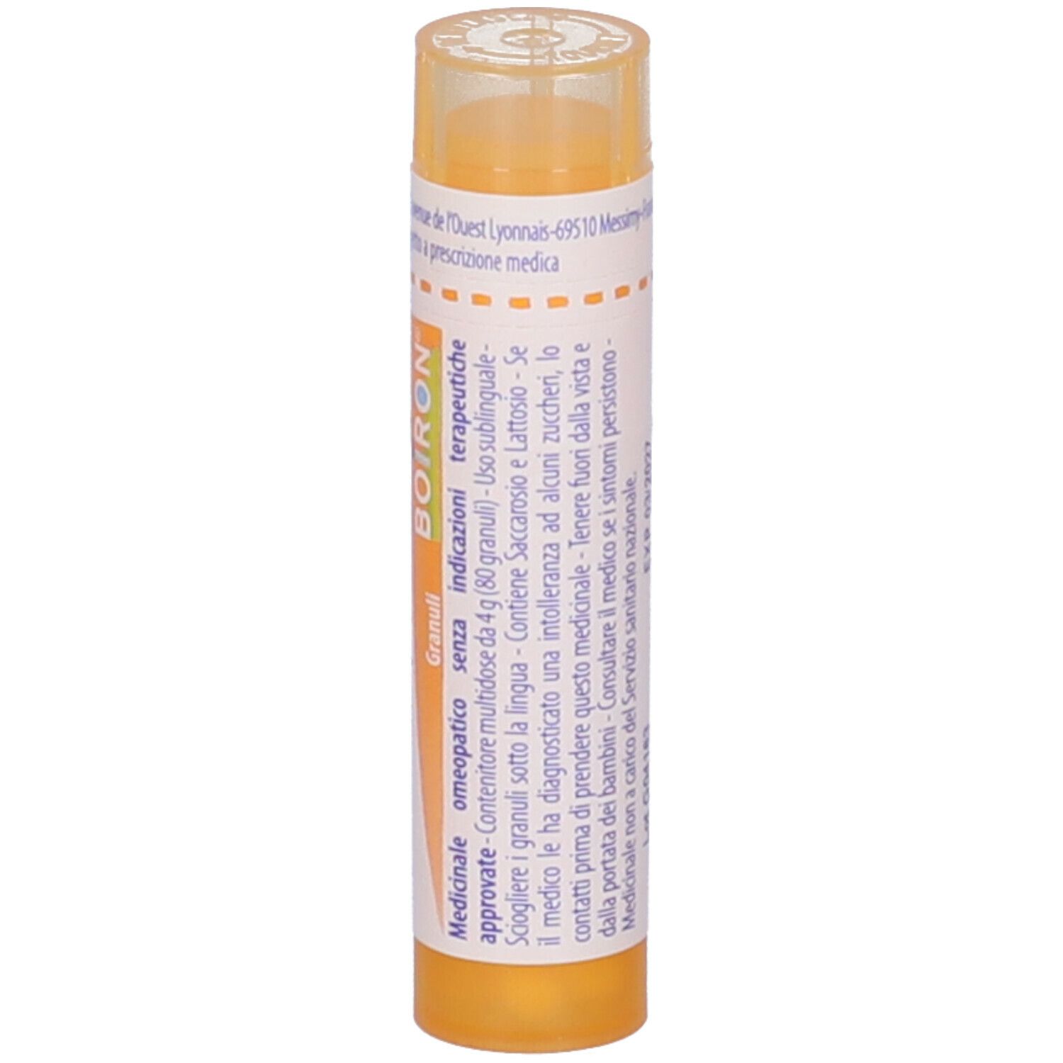 Tubo giallo con etichetta bianca. Scritta: 'Calcarea fluorica 15 ch' e 'BOIRON'.