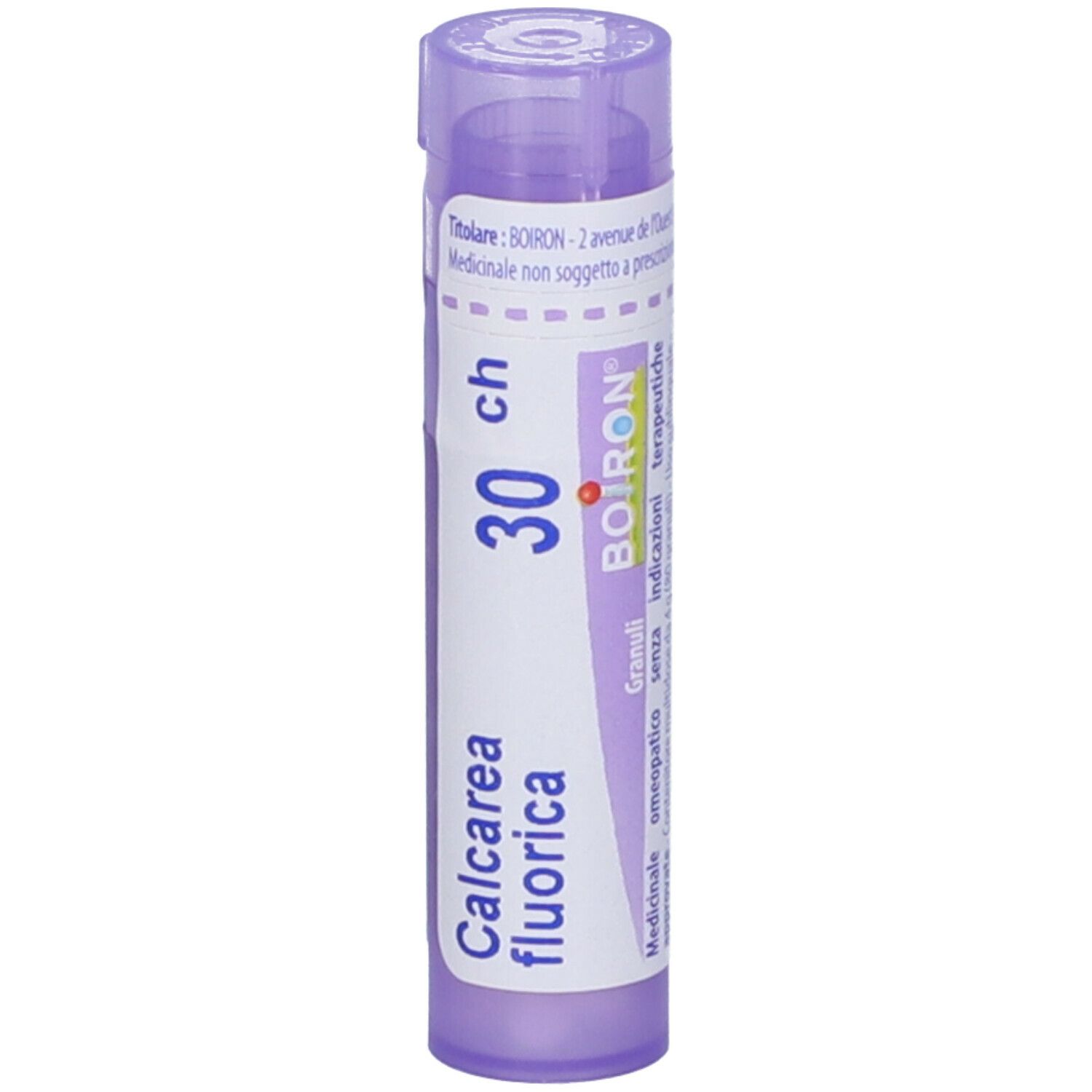 Flacone viola con testo bianco. Contiene "Calcarea fluorica 30 ch" e "BOIRON". Vista verticale.