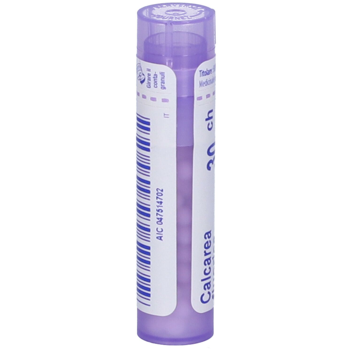 Flacone viola con testo bianco e codice a barre. Contiene "Calcarea fluorica 30 ch". Vista verticale.