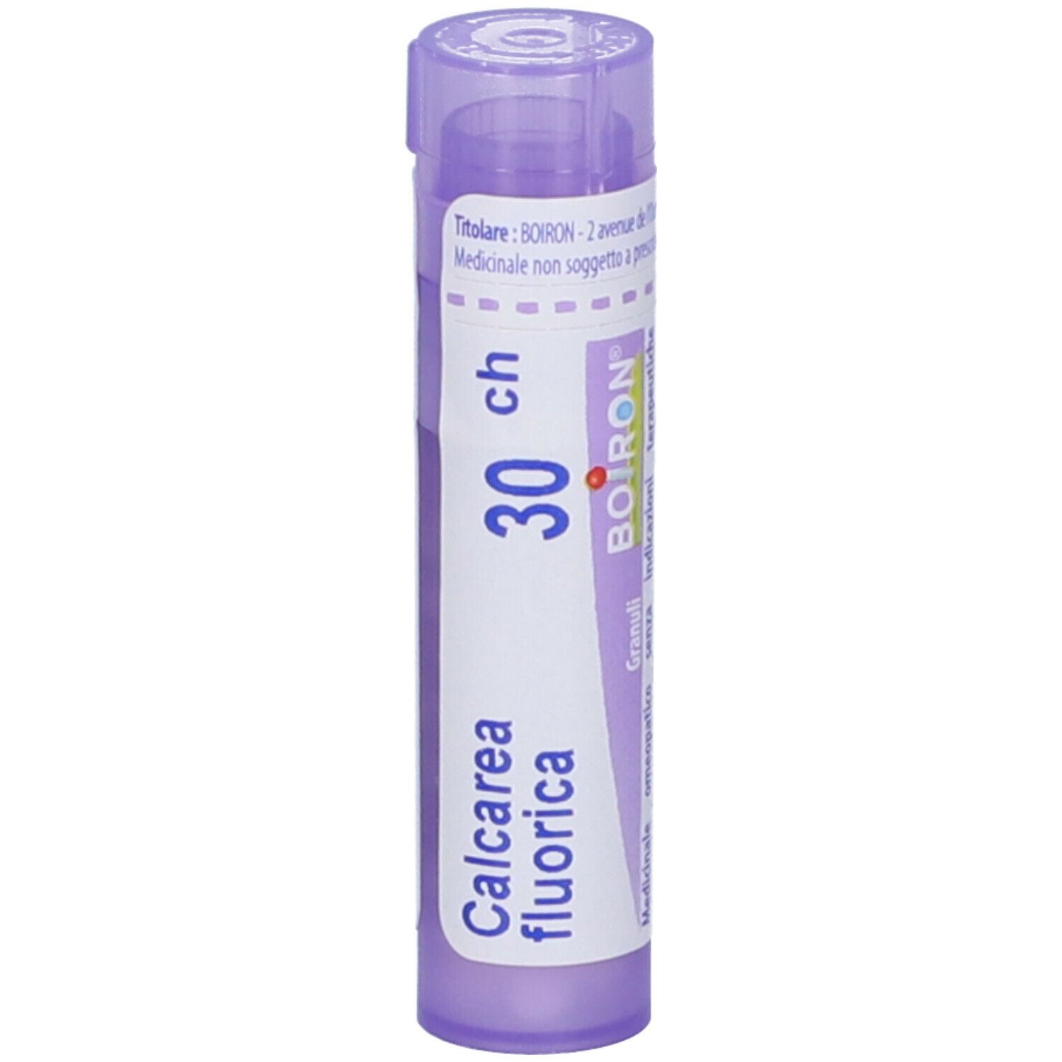 Flacone viola con testo bianco. Contiene "Calcarea fluorica 30 ch" e "BOIRON". Vista verticale.