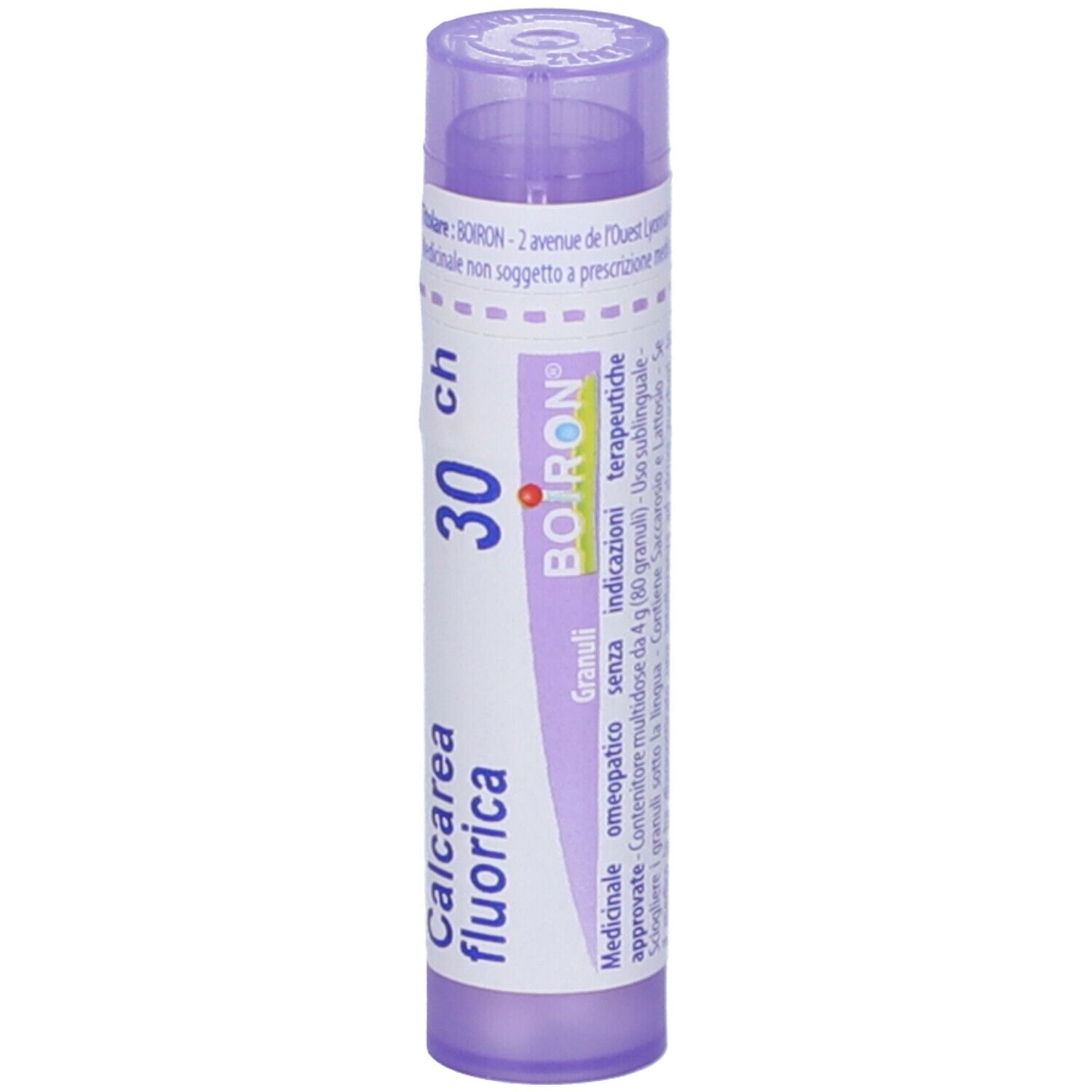 Flacone viola con testo bianco. Contiene "Calcarea fluorica 30 ch" e "BOIRON".