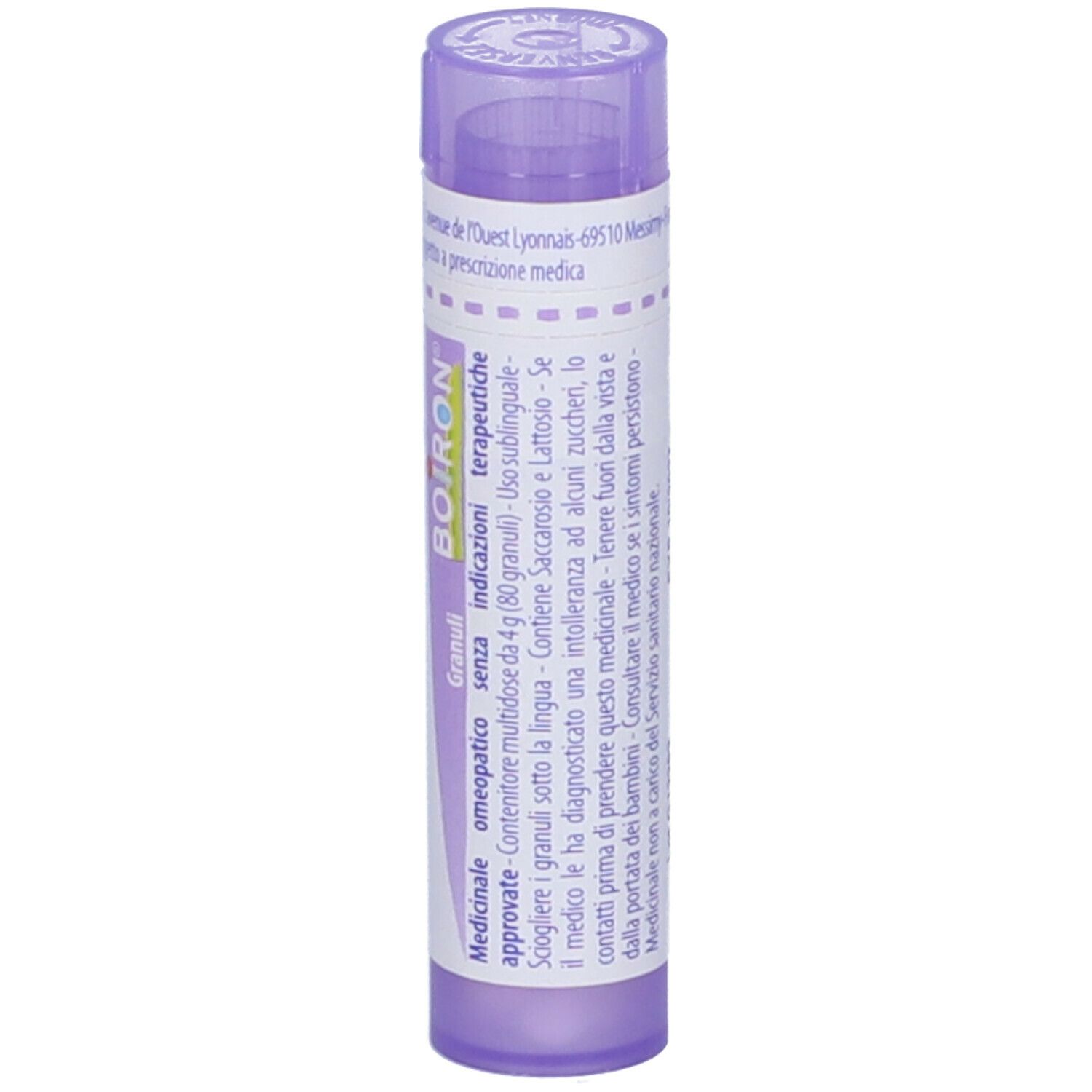 Flacone viola con testo bianco. Contiene "Calcarea fluorica" e "BOIRON". Con informazioni sul prodotto.