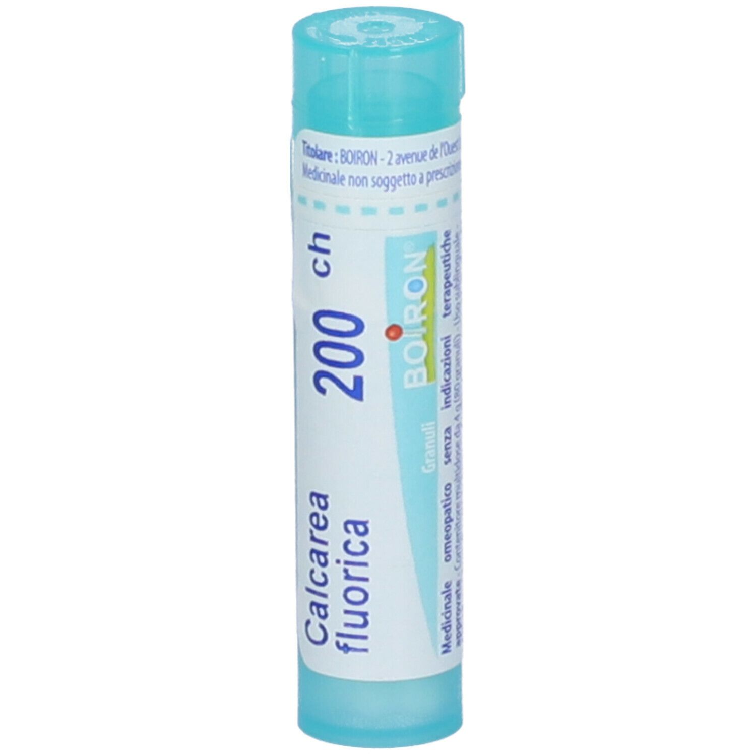 Confezione cilindrica con "Calcarea fluorica 200 ch" e "BOIRON".