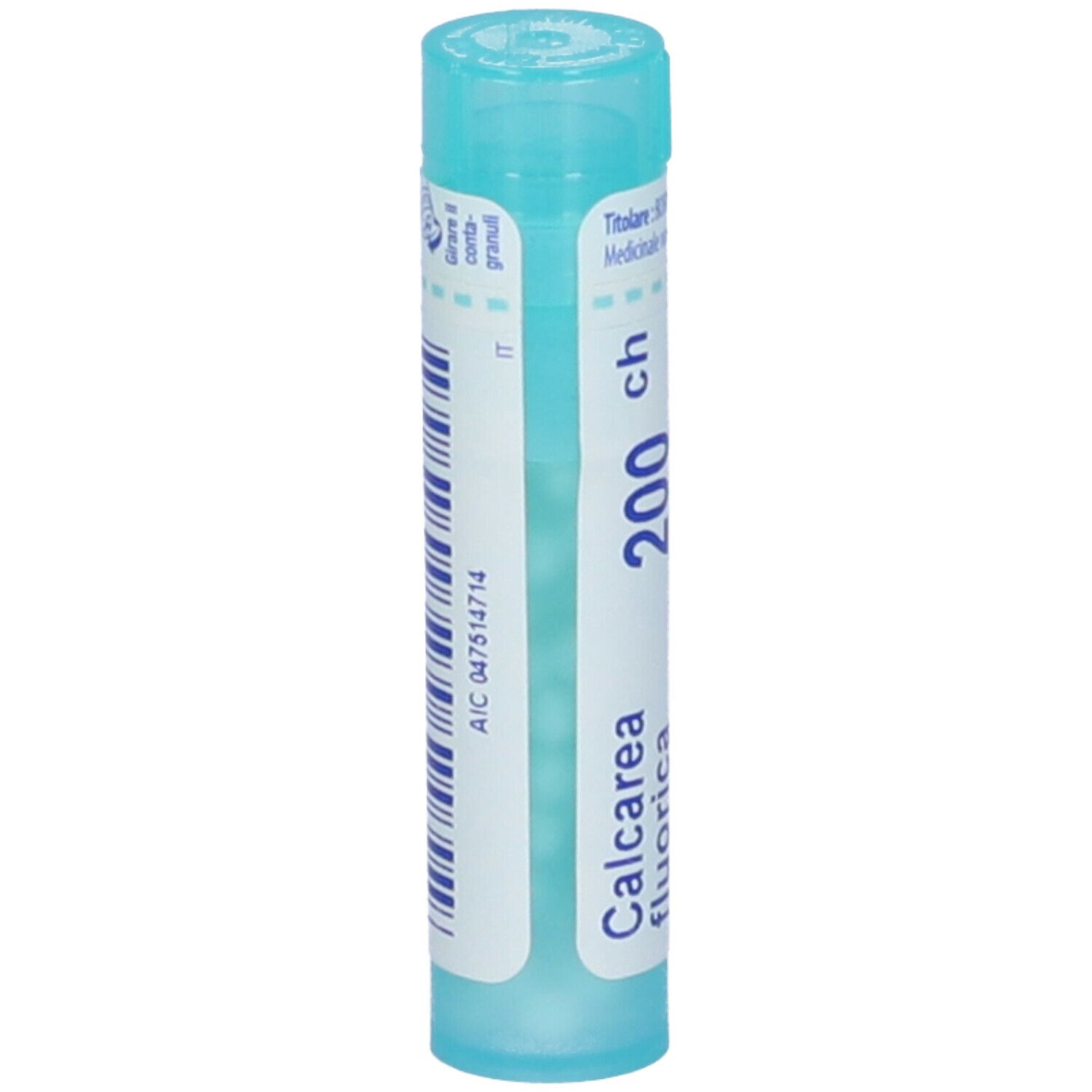 Confezione cilindrica con "Calcarea fluorica 200 ch".