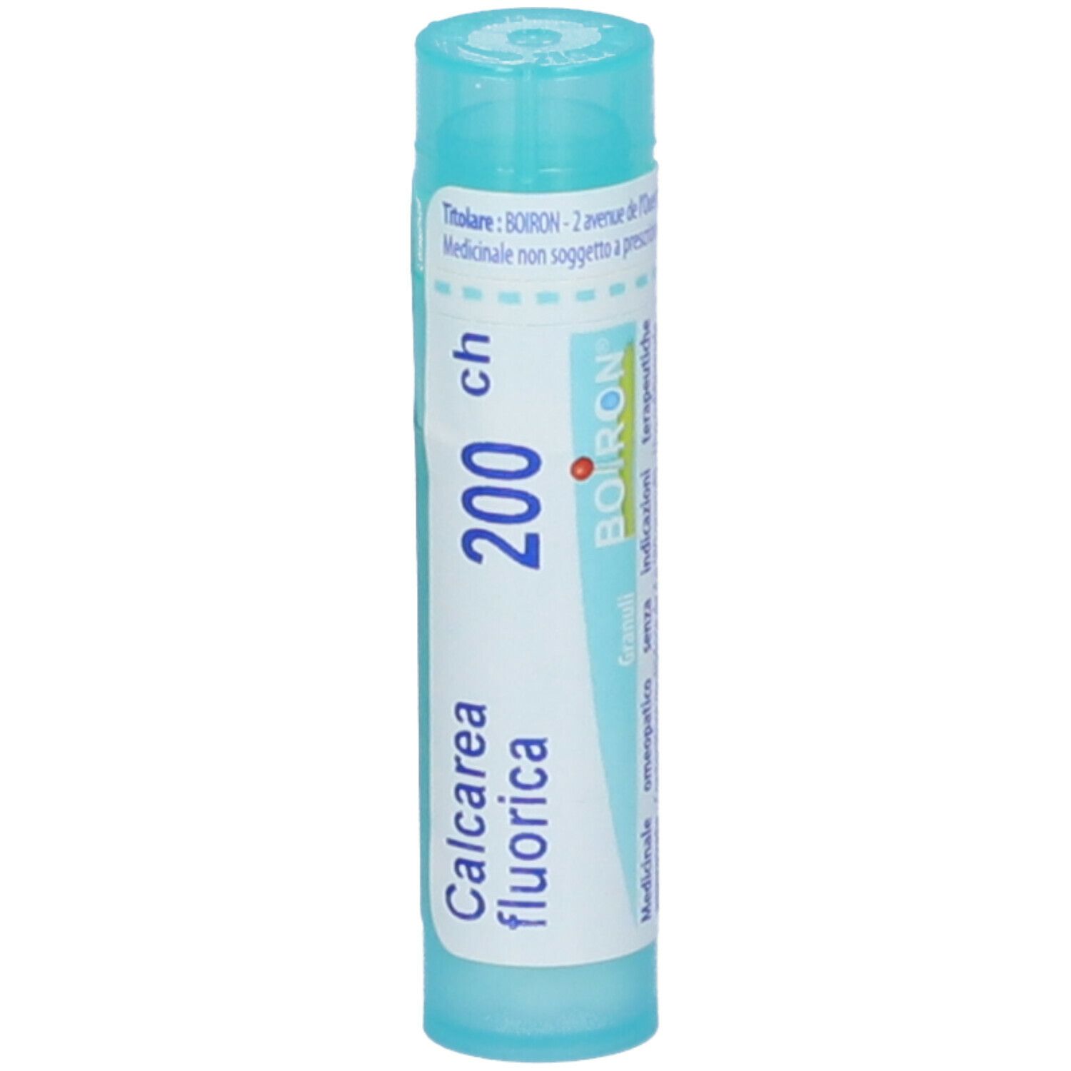 Confezione cilindrica con "Calcarea fluorica 200 ch" e "BOIRON".