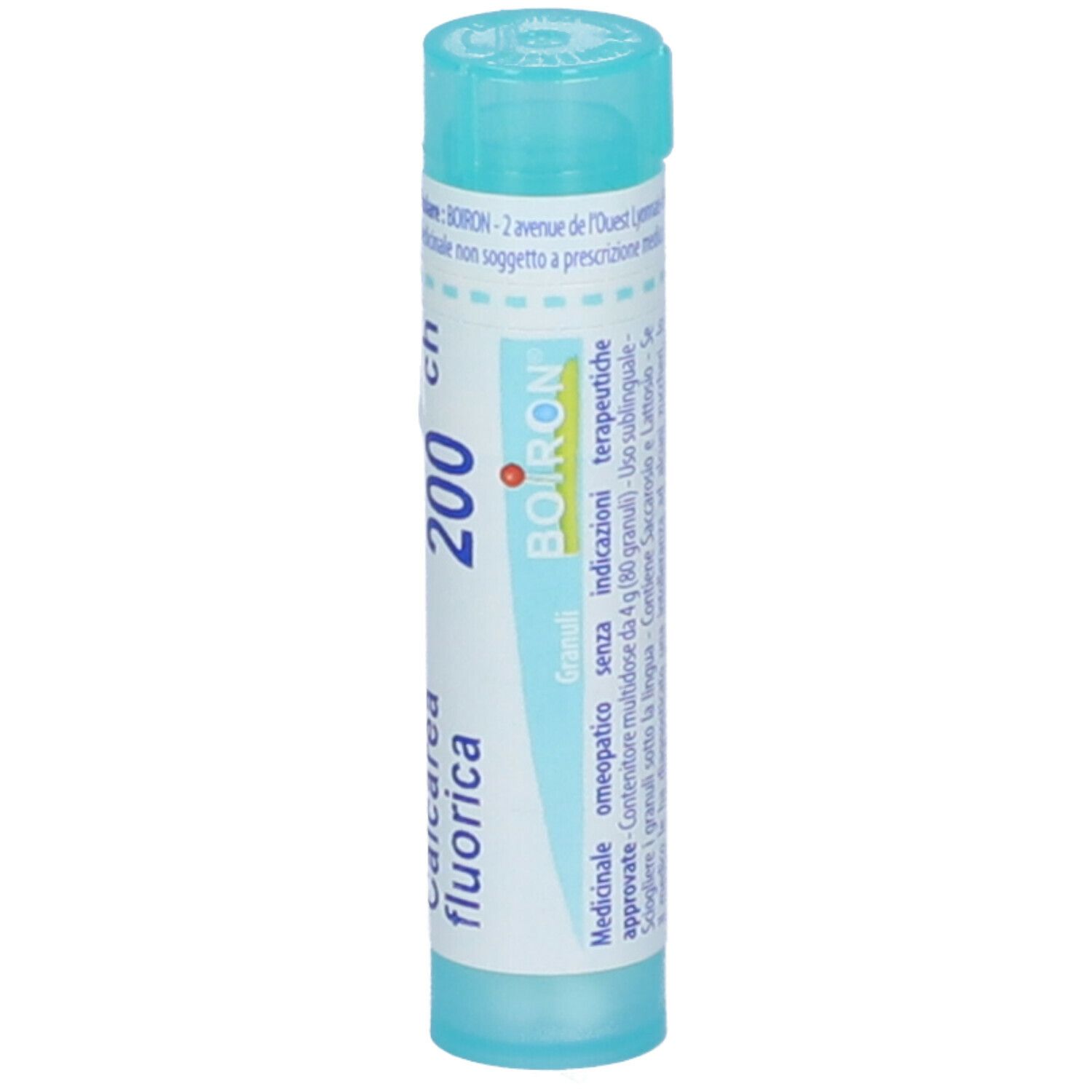 Confezione cilindrica con "Calcarea fluorica 200 ch" e "BOIRON".