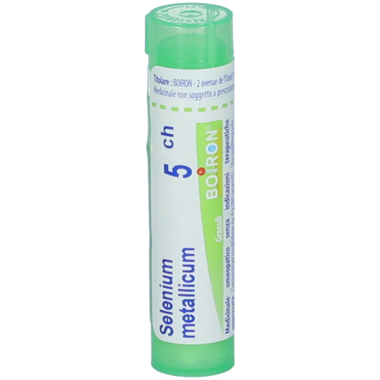 Confezione cilindrica verde. Scritta: Selenium metallicum, 5 ch, BOIRON. Coperchio verde.
