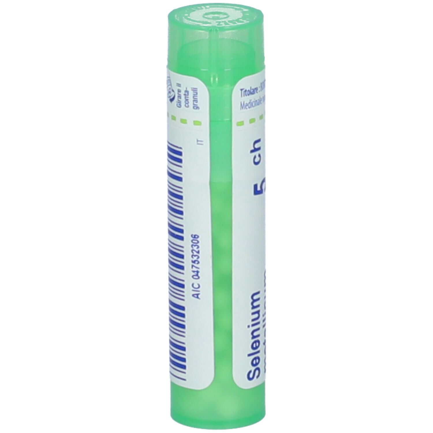Confezione cilindrica verde con codice a barre e scritta: Selenium metallicum, 5 ch. Coperchio verde.
