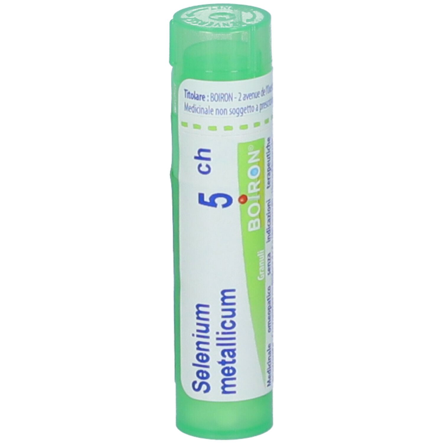 Confezione cilindrica verde. Scritta: Selenium metallicum, 5 ch, BOIRON. Coperchio verde.