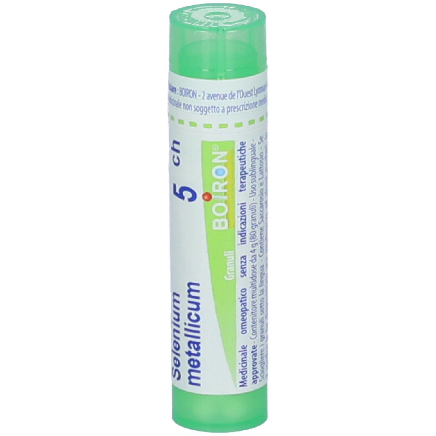 Confezione cilindrica verde. Scritta: Selenium metallicum, 5 ch, BOIRON. Con informazioni.