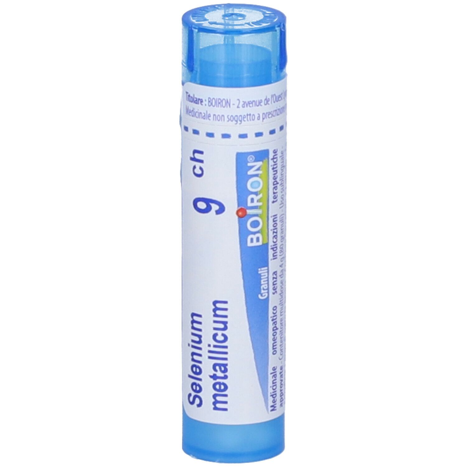 Tubo blu con etichetta bianca. Scritta "Selenium metallicum 9 ch" e "BOIRON".