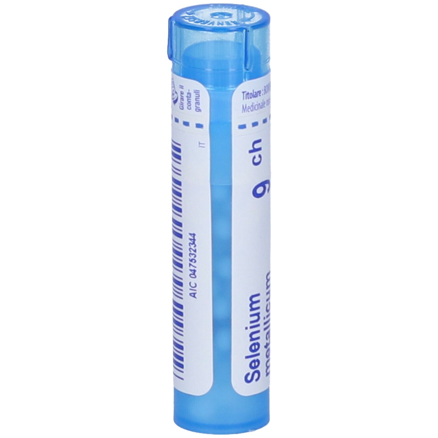 Tubo blu con etichetta bianca. Scritta "Selenium metallicum 9 ch". Codice a barre e codice A/C.