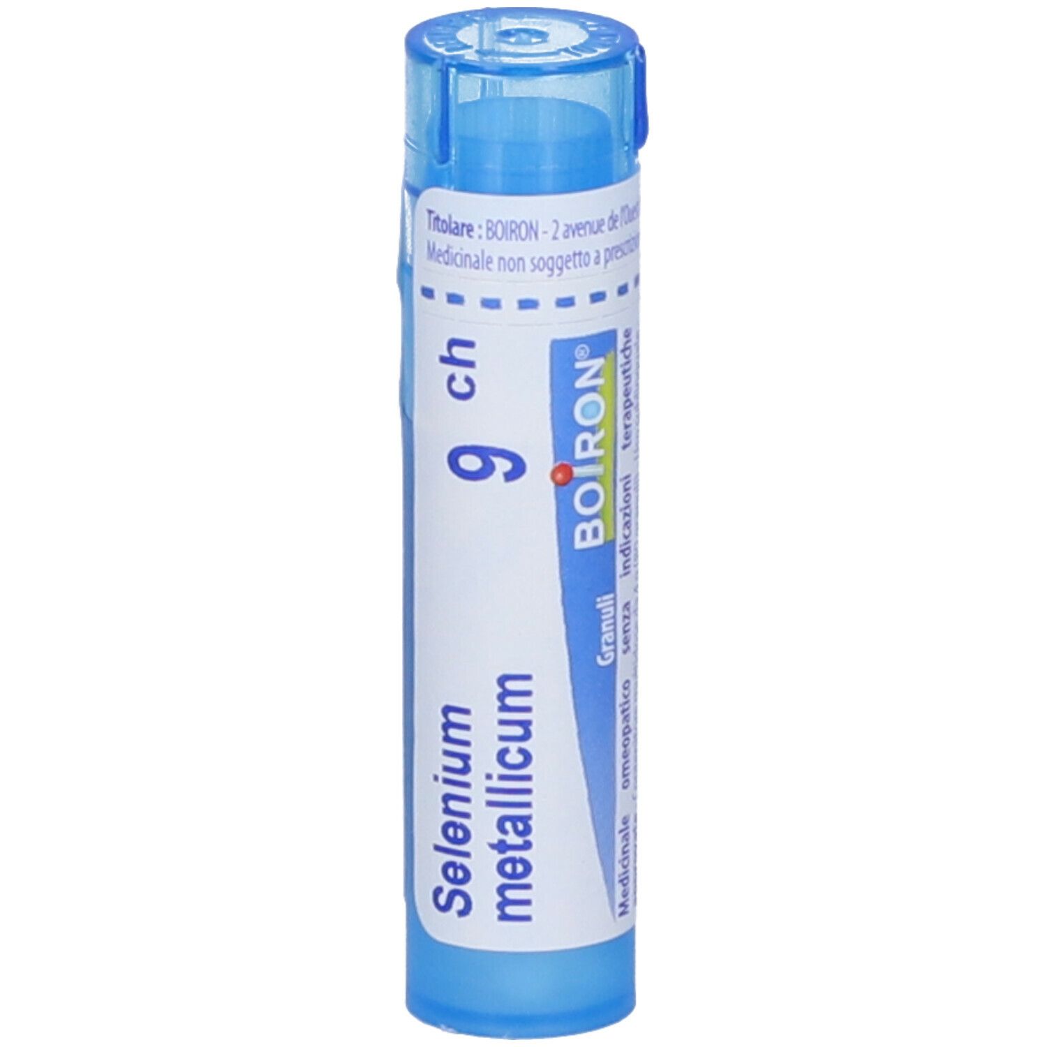 Tubo blu con etichetta bianca. Scritta "Selenium metallicum 9 ch" e "BOIRON".