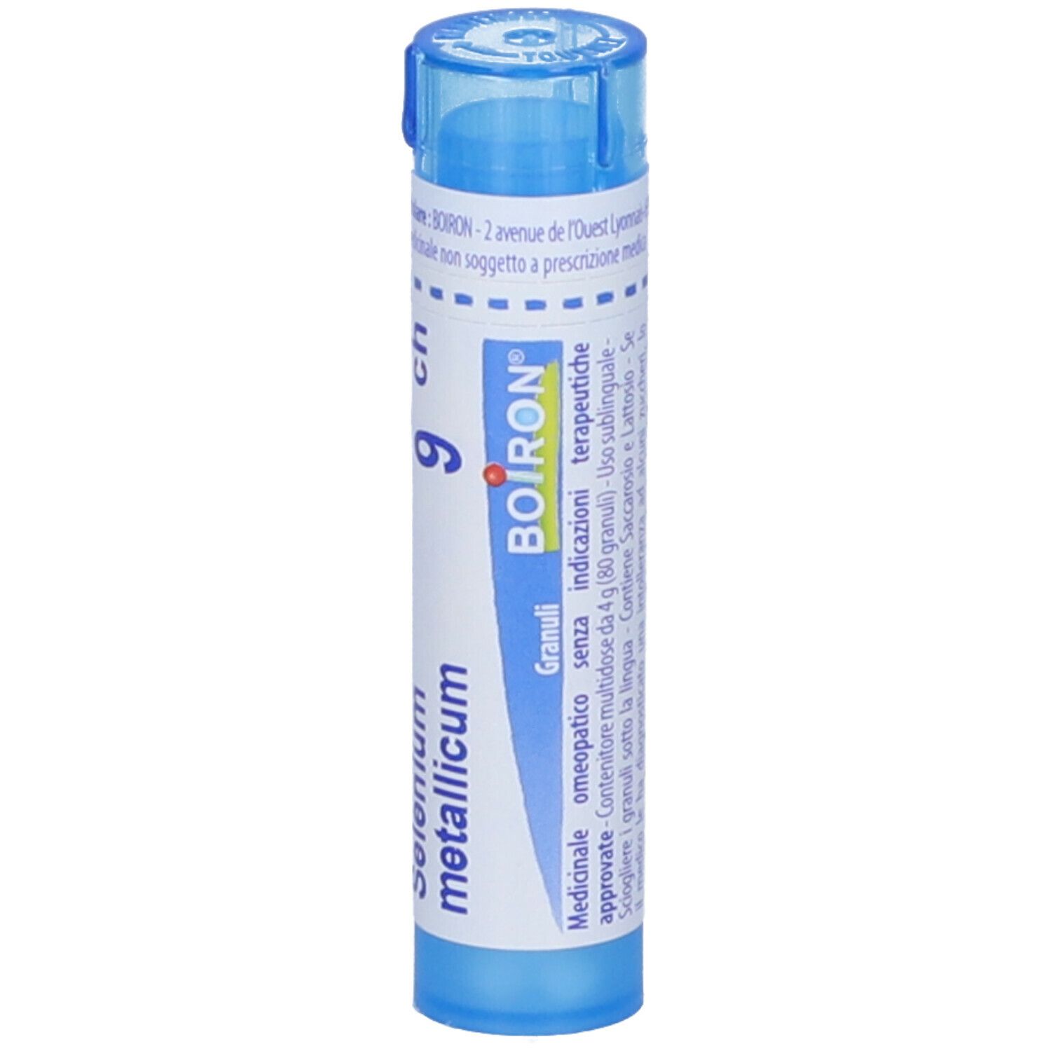 Tubo blu con etichetta bianca. Scritta "Selenium metallicum 9 ch" e "BOIRON".