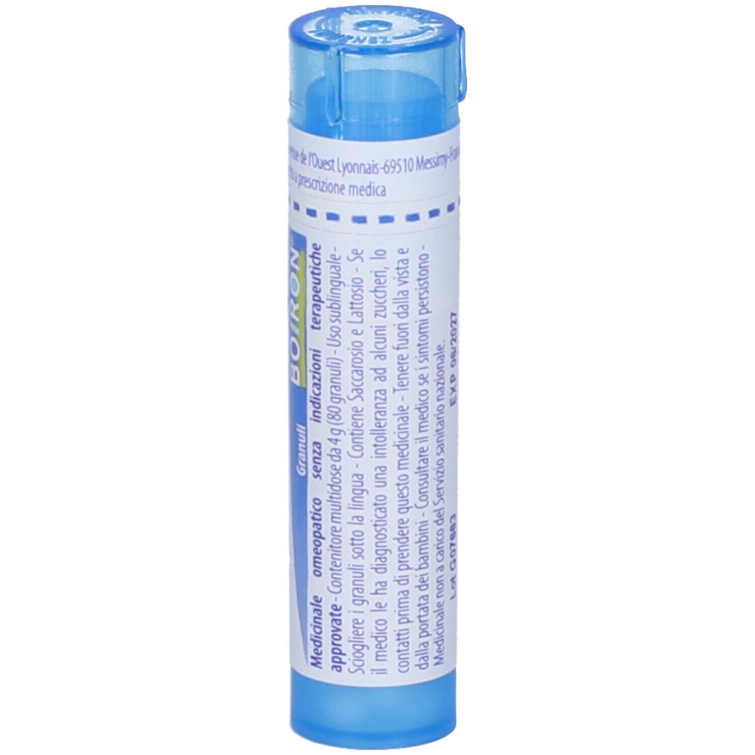 Tubo blu con etichetta bianca. Scritta "Selenium metallicum 9 ch" e "BOIRON".