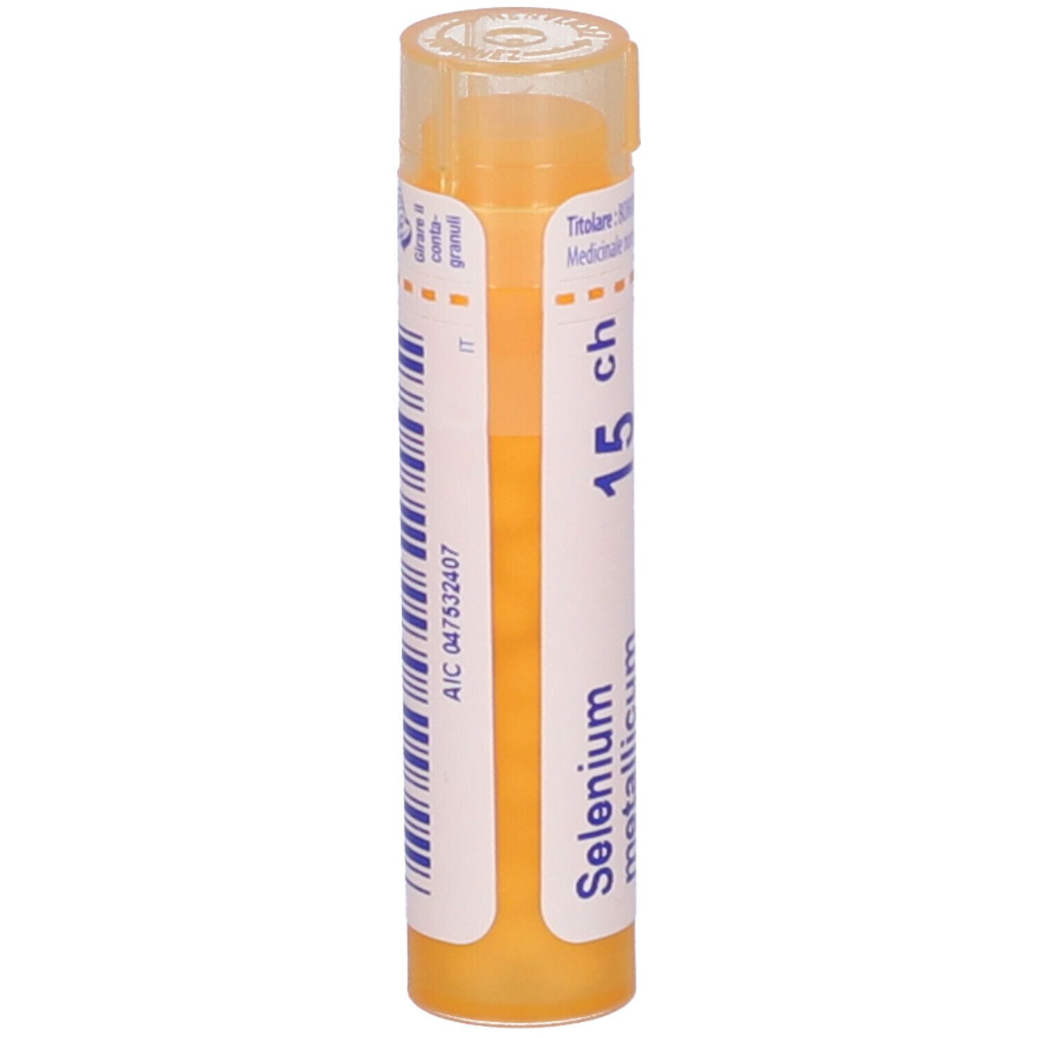 Confezione cilindrica gialla con "Selenium metallicum 15 ch". Etichetta con codice a barre e numero di lotto.