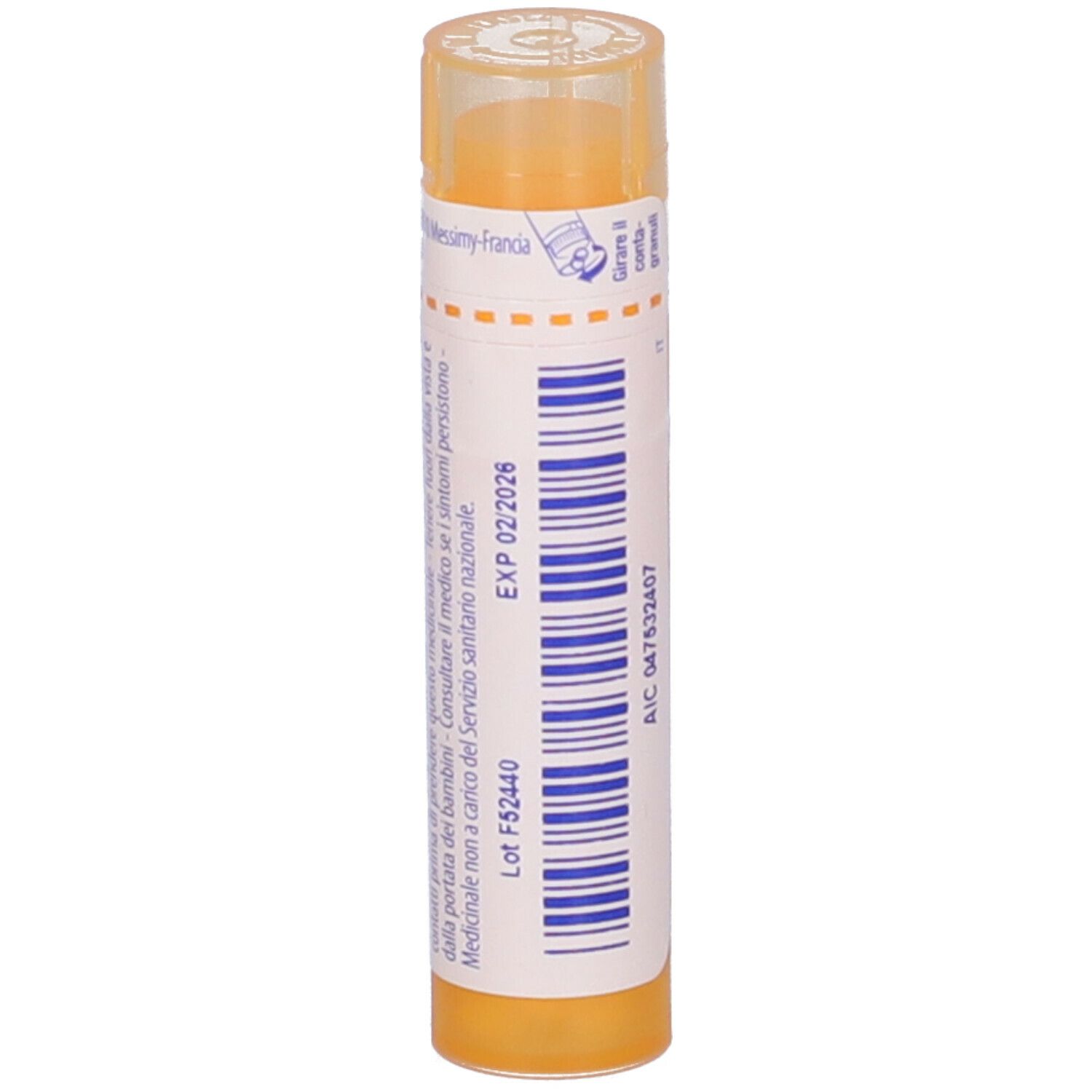 Confezione cilindrica gialla con "Selenium metallicum 15 ch". Etichetta con data di scadenza: 02/2026.