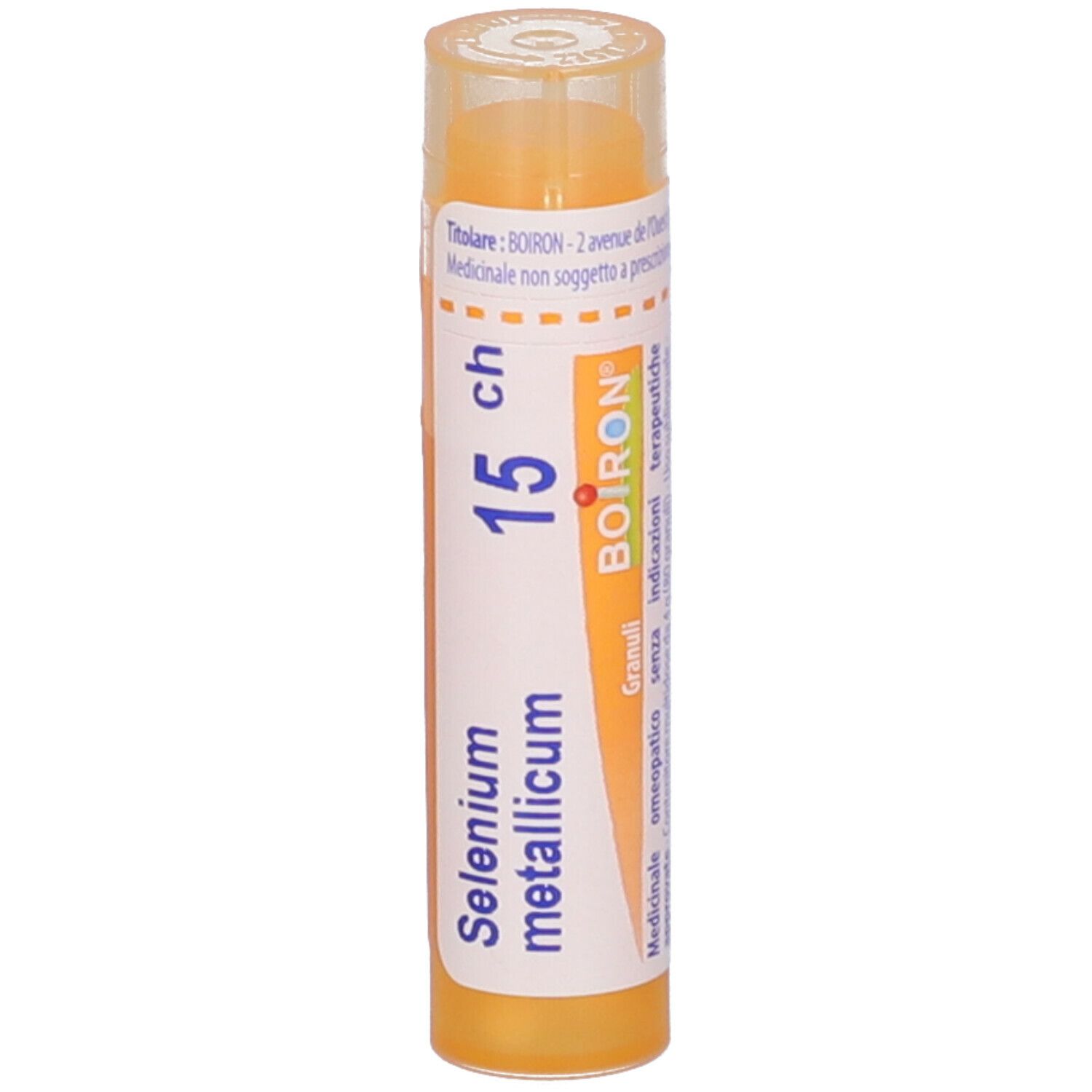 Confezione cilindrica gialla con "Selenium metallicum 15 ch" e logo "BOIRON". Indicazione "Granuli".