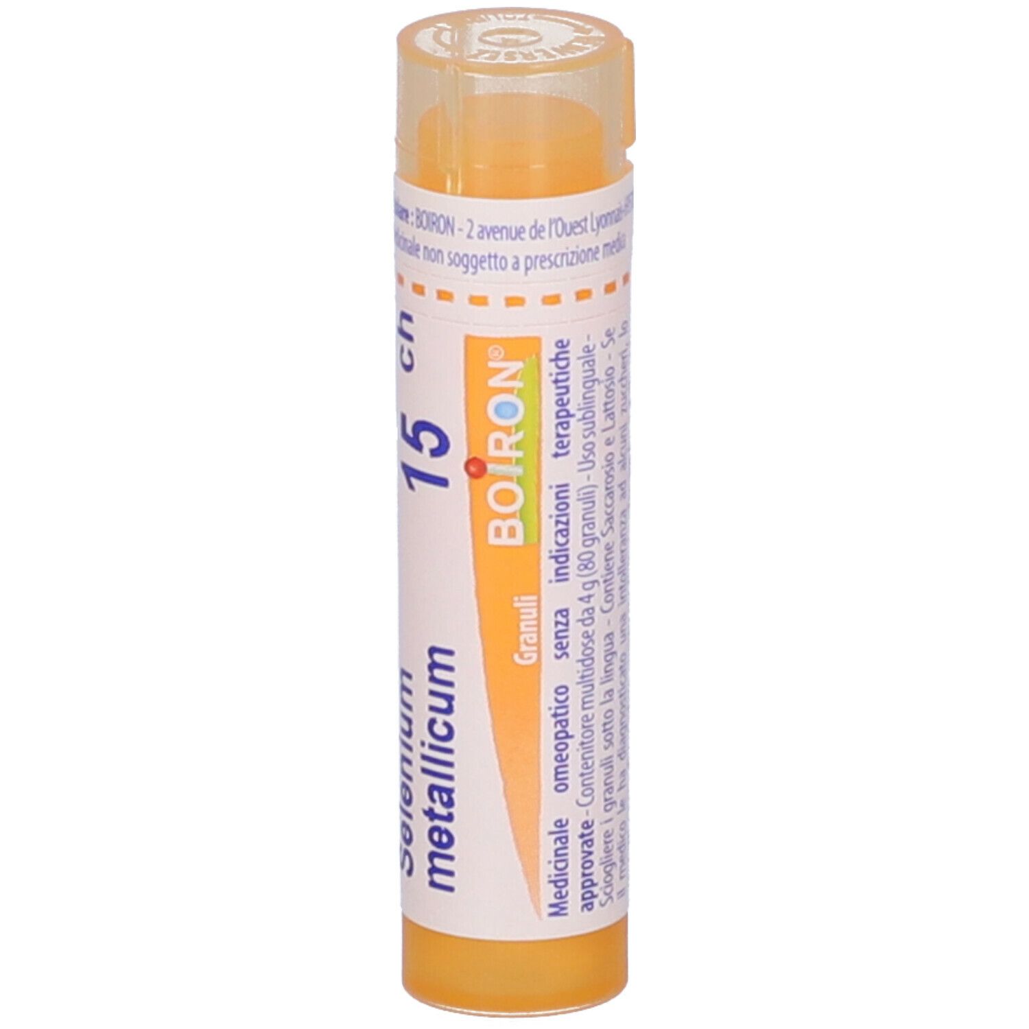 Confezione cilindrica gialla con "Selenium metallicum 15 ch" e logo "BOIRON". Indicazione "Granuli".