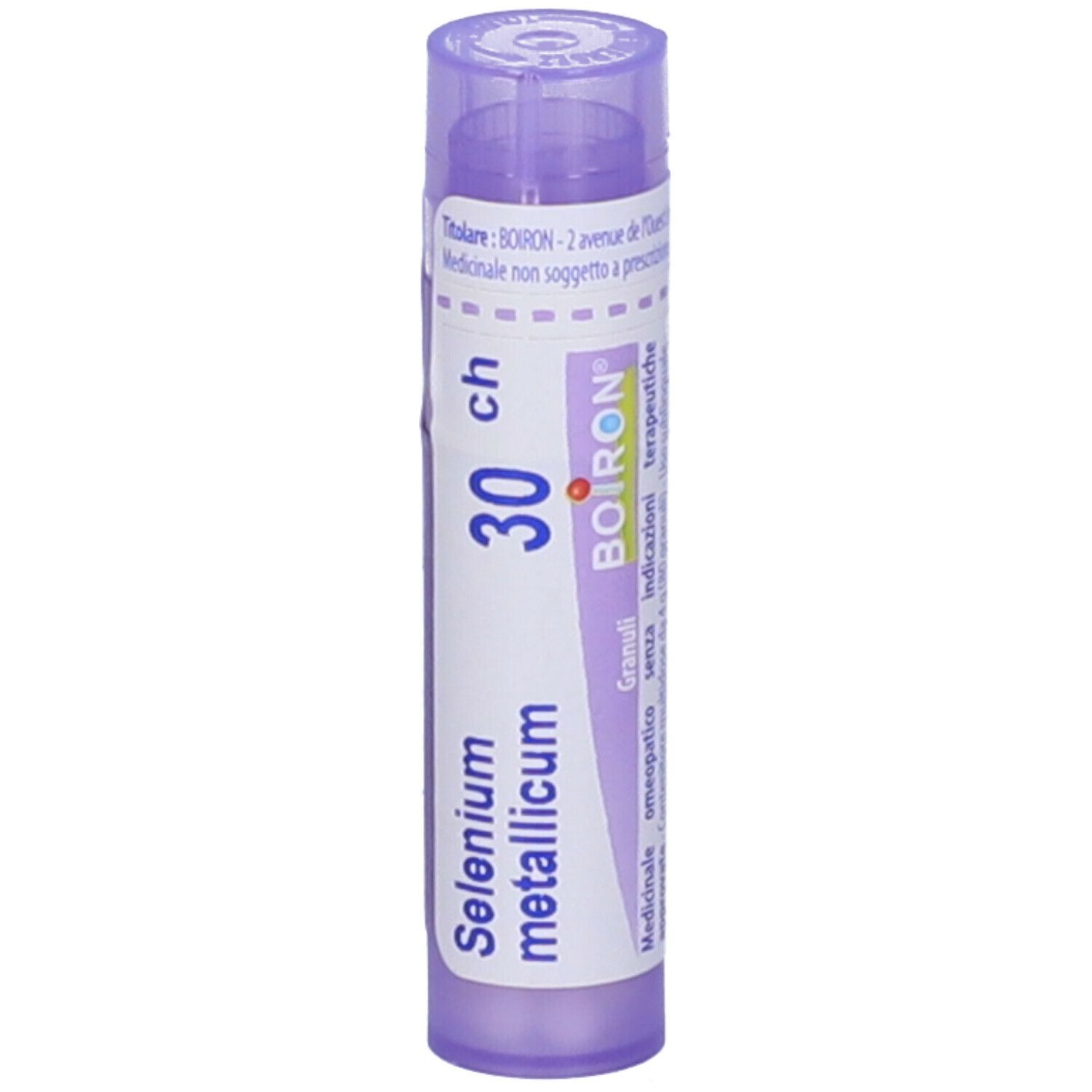 Tubo viola con "Selenium metallicum 30 ch" e logo "BOIRON". Contiene granuli. Vista verticale.