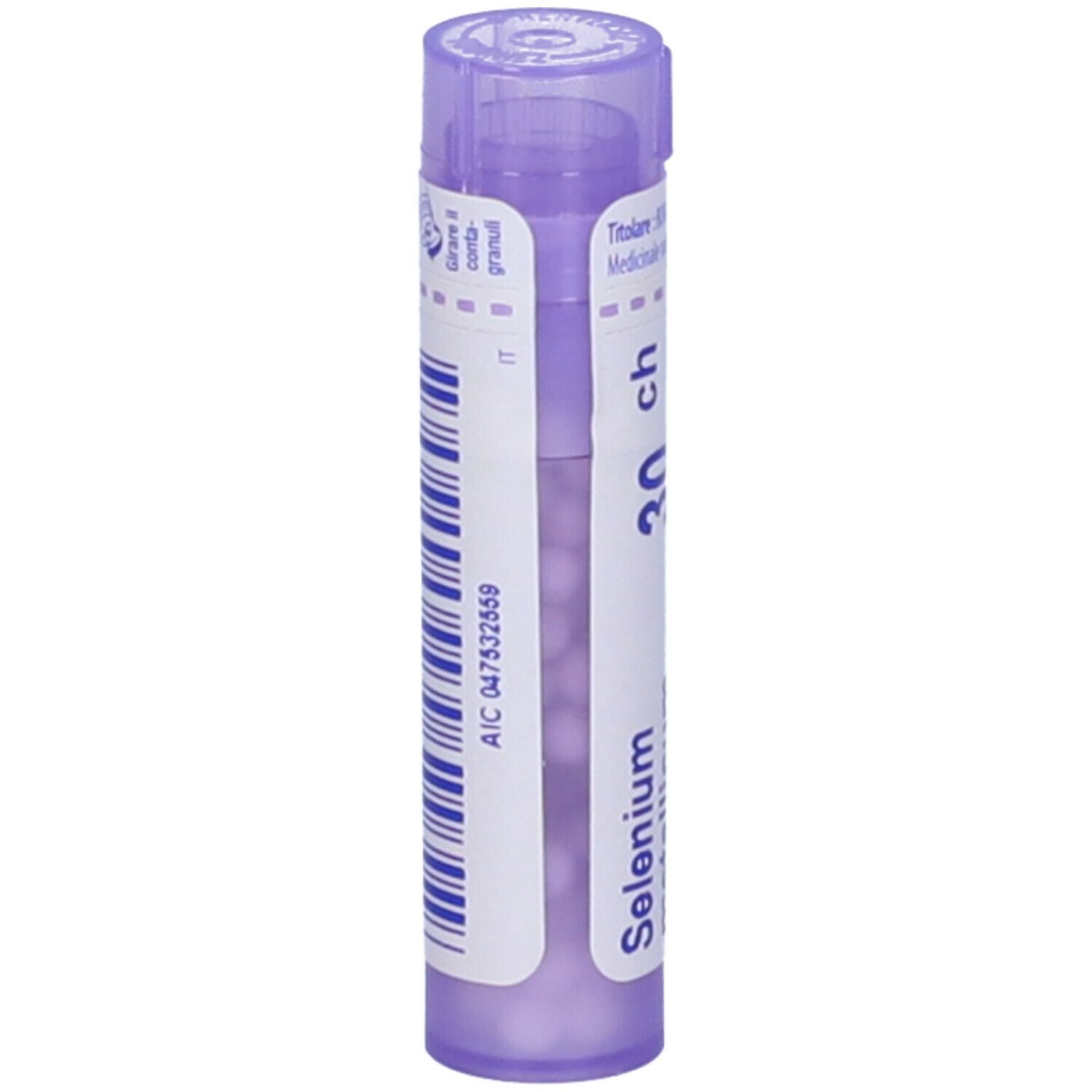 Tubo viola con "Selenium" e "30 ch". Contiene granuli. Adesivo con codice a barre e testo.