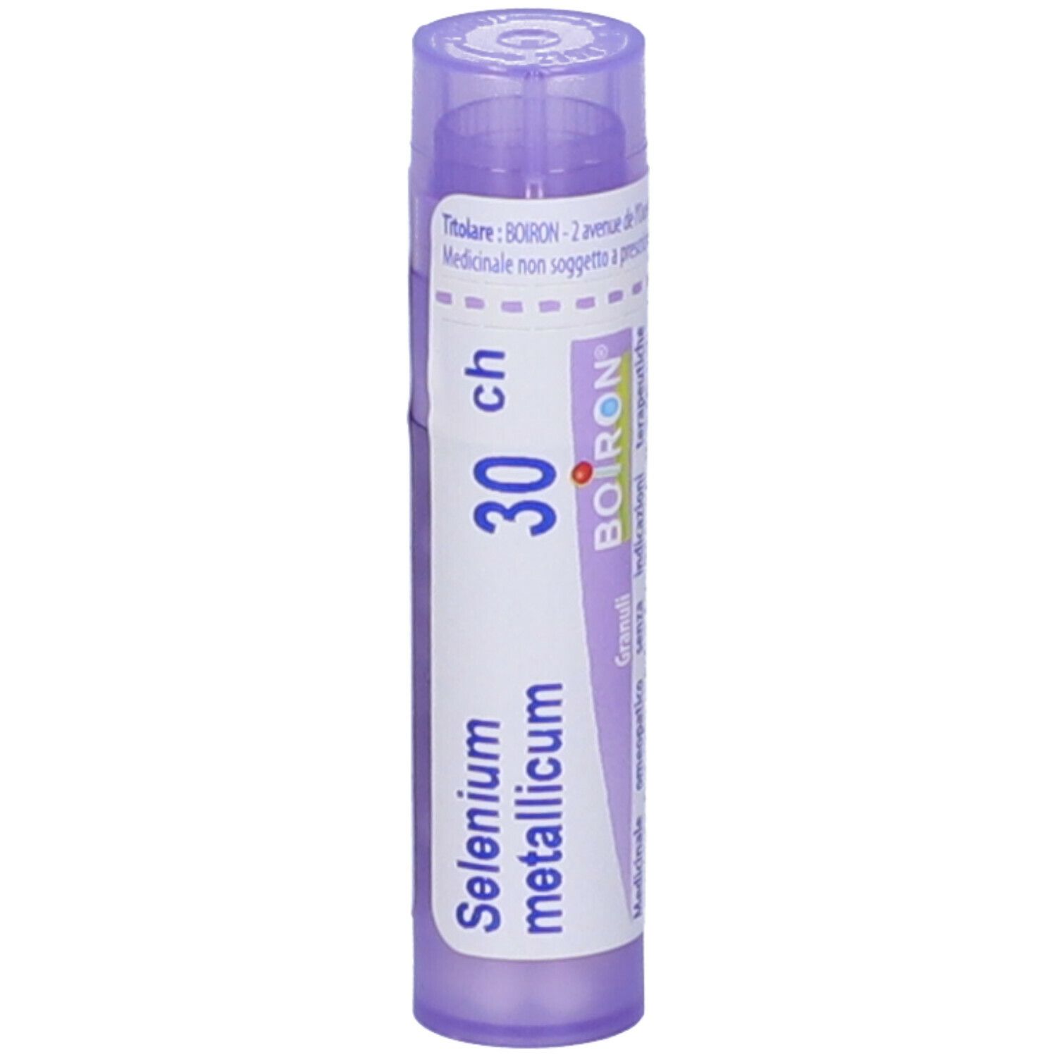 Tubo viola con "Selenium metallicum 30 ch" e logo "BOIRON". Contiene granuli. Vista verticale.