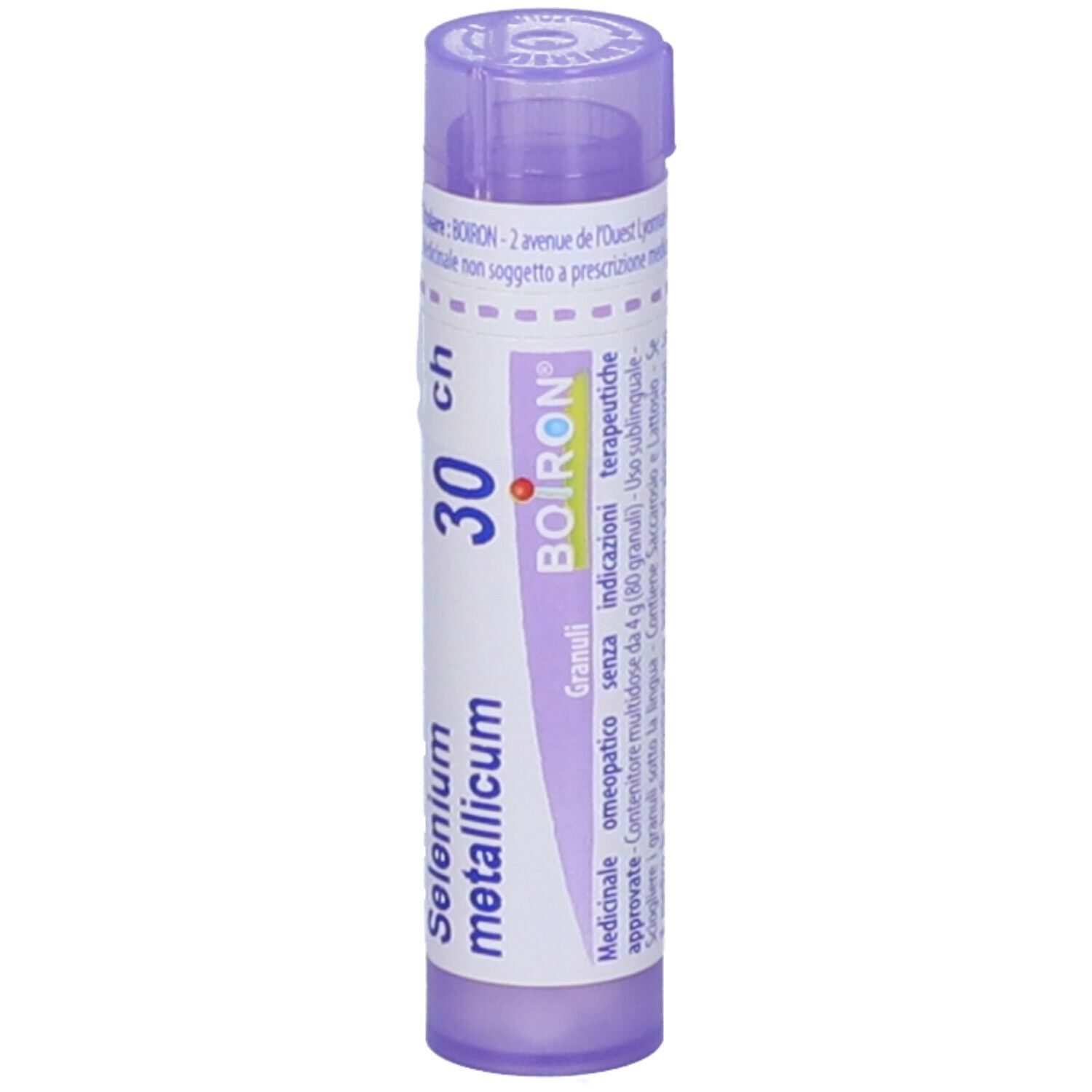 Tubo viola con "Selenium metallicum 30 ch" e logo "BOIRON". Contiene granuli. Vista verticale.