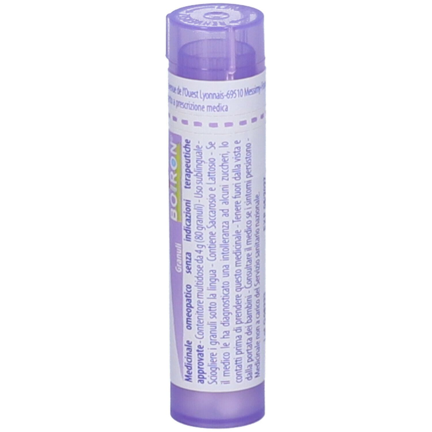 Tubo viola con "Selenium metallicum 30 ch" e logo "BOIRON". Contiene granuli. Vista verticale.