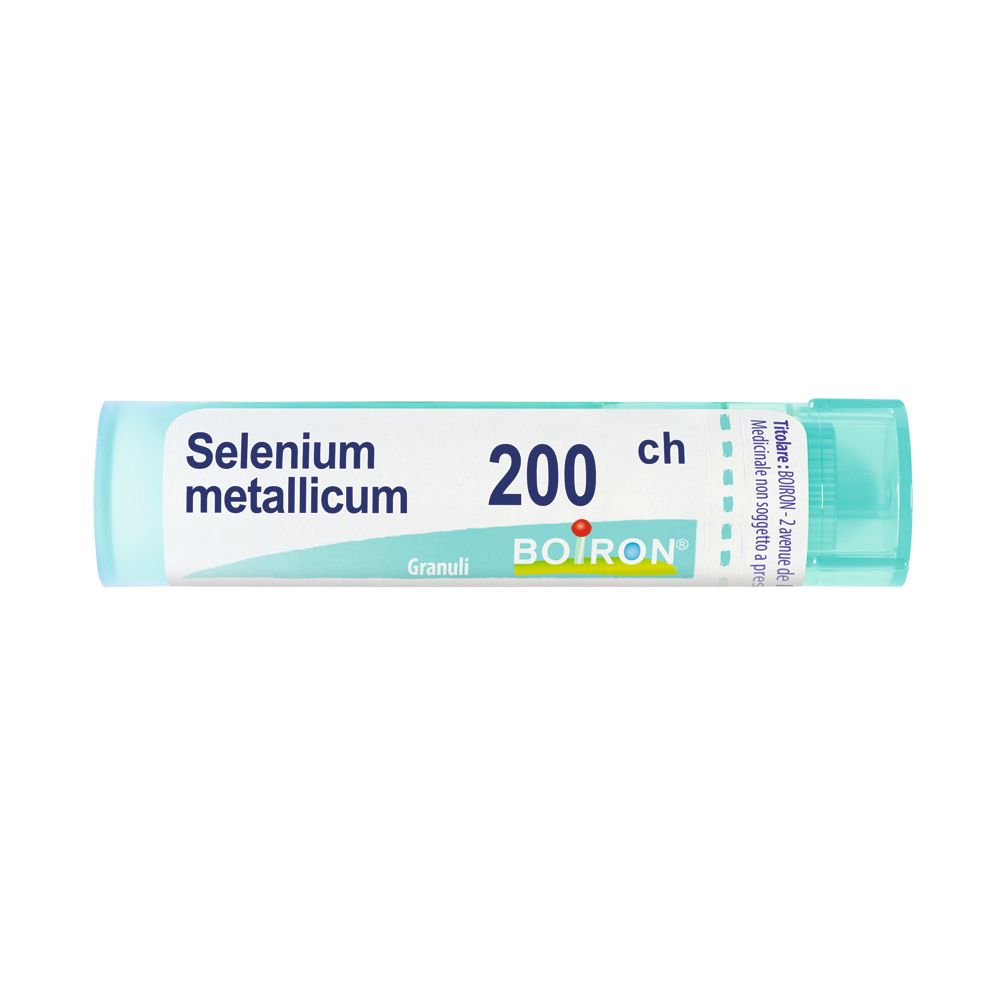 Confezione cilindrica di BOIRON® Selenium Metallicum Granuli 200 CH. Scritta: Selenium metallicum, 200 ch, Granuli, BOIRON. Blu e bianco.