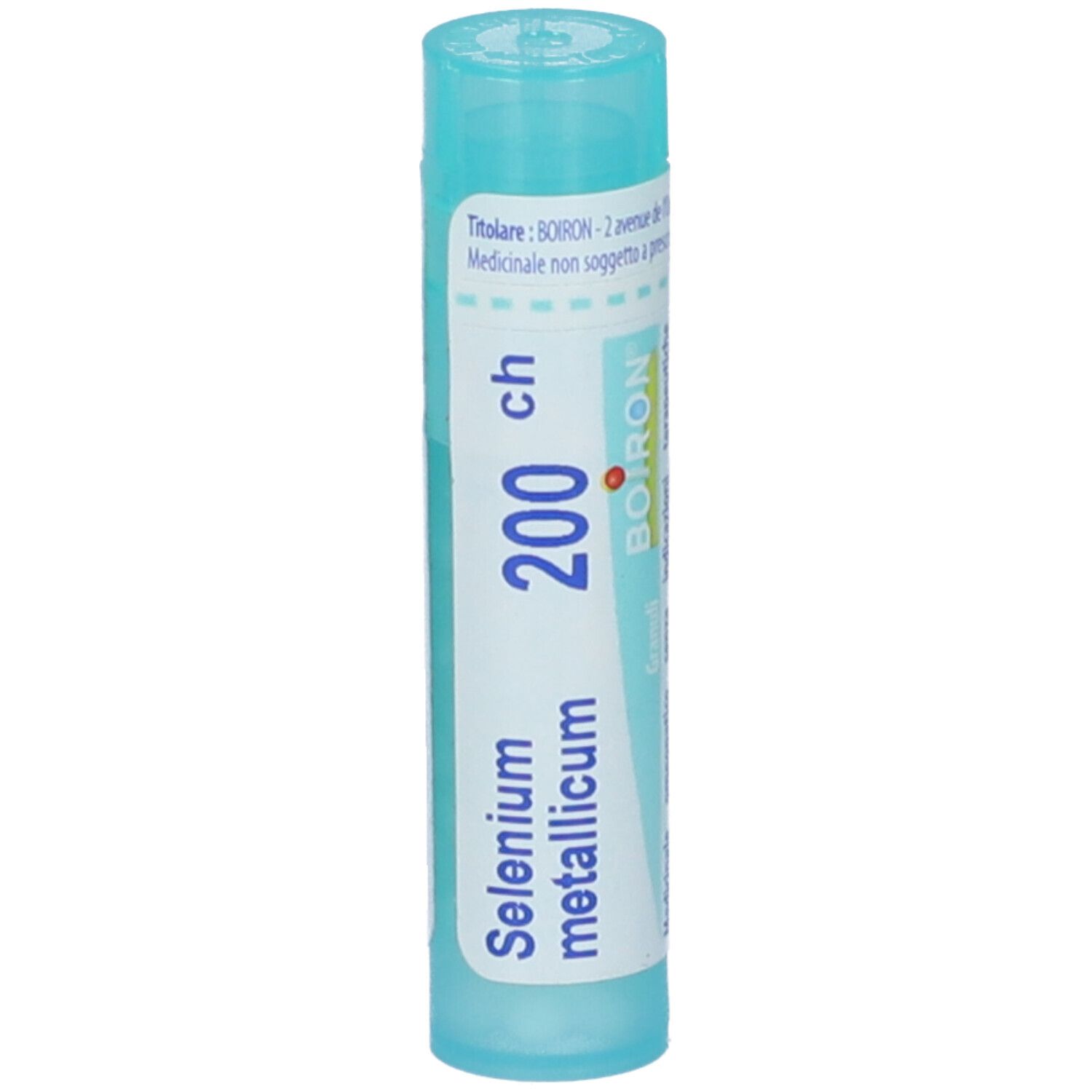Confezione cilindrica BOIRON® Selenium Metallicum Granuli 200 CH. Scritta: Selenium metallicum, 200 ch, BOIRON. Blu e bianco.