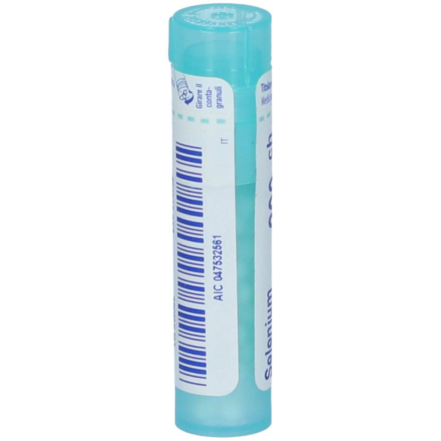 Confezione cilindrica BOIRON® Selenium Metallicum Granuli. Scritta: Selenium, 200 ch, BOIRON. Testo bianco su sfondo blu.