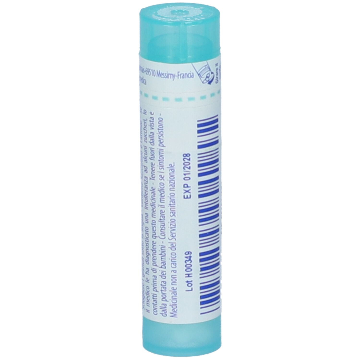 Confezione cilindrica BOIRON® Selenium Metallicum Granuli. Scritta: Selenium, 200 ch, BOIRON. Testo bianco su sfondo blu.