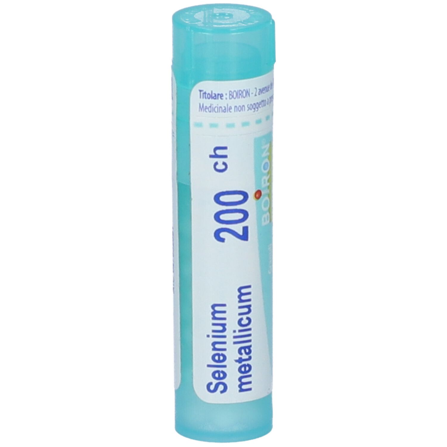 Confezione cilindrica BOIRON® Selenium Metallicum Granuli. Scritta: Selenium, 200 ch, BOIRON. Testo bianco su sfondo blu.