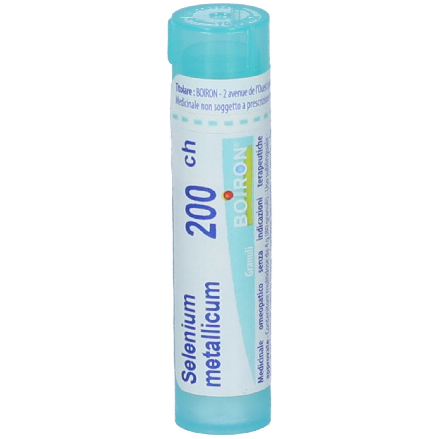 Confezione cilindrica BOIRON® Selenium Metallicum Granuli. Scritta: Selenium, 200 ch, BOIRON. Testo bianco su sfondo blu.