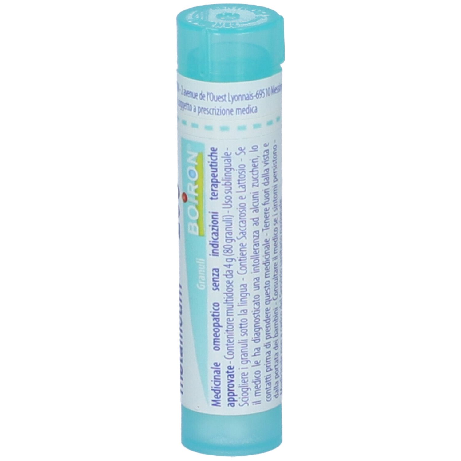 Confezione cilindrica BOIRON® Selenium Metallicum Granuli. Scritta: Selenium, 200 ch, BOIRON. Testo bianco su sfondo blu.