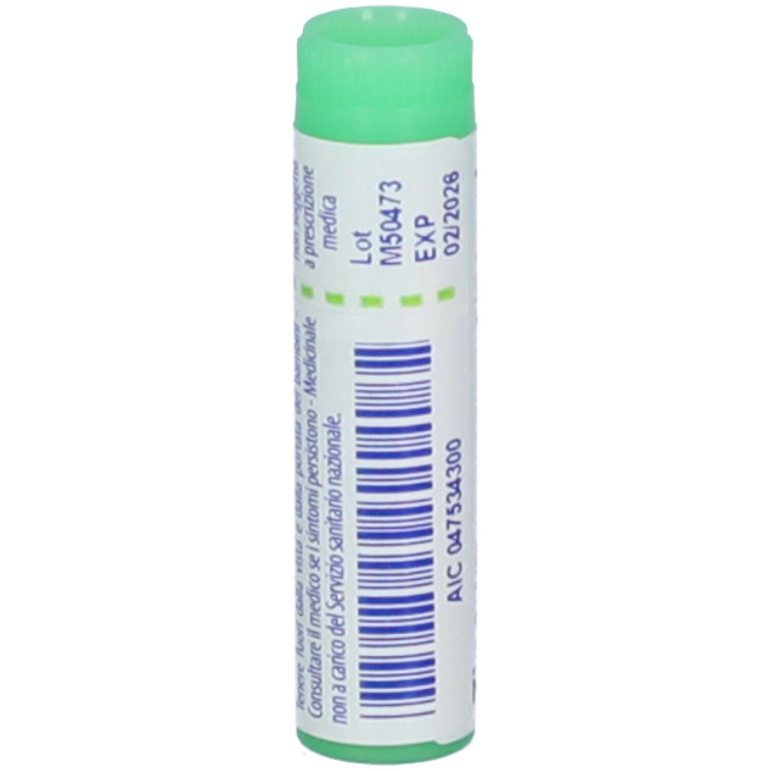 Confezione cilindrica con tappo verde. Scritte: Zincum metallicum, 200 ch, EXP 02/2026.