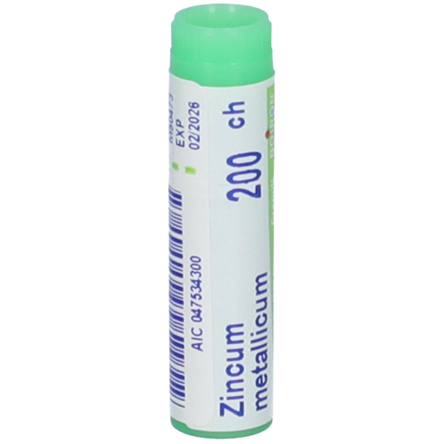 Confezione cilindrica con tappo verde. Scritte: Zincum metallicum, 200 ch, EXP 02/2026.