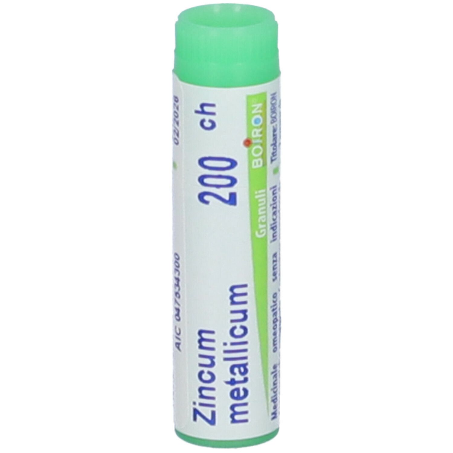 Confezione cilindrica con tappo verde. Scritte: Zincum metallicum, 200 ch, BOIRON.