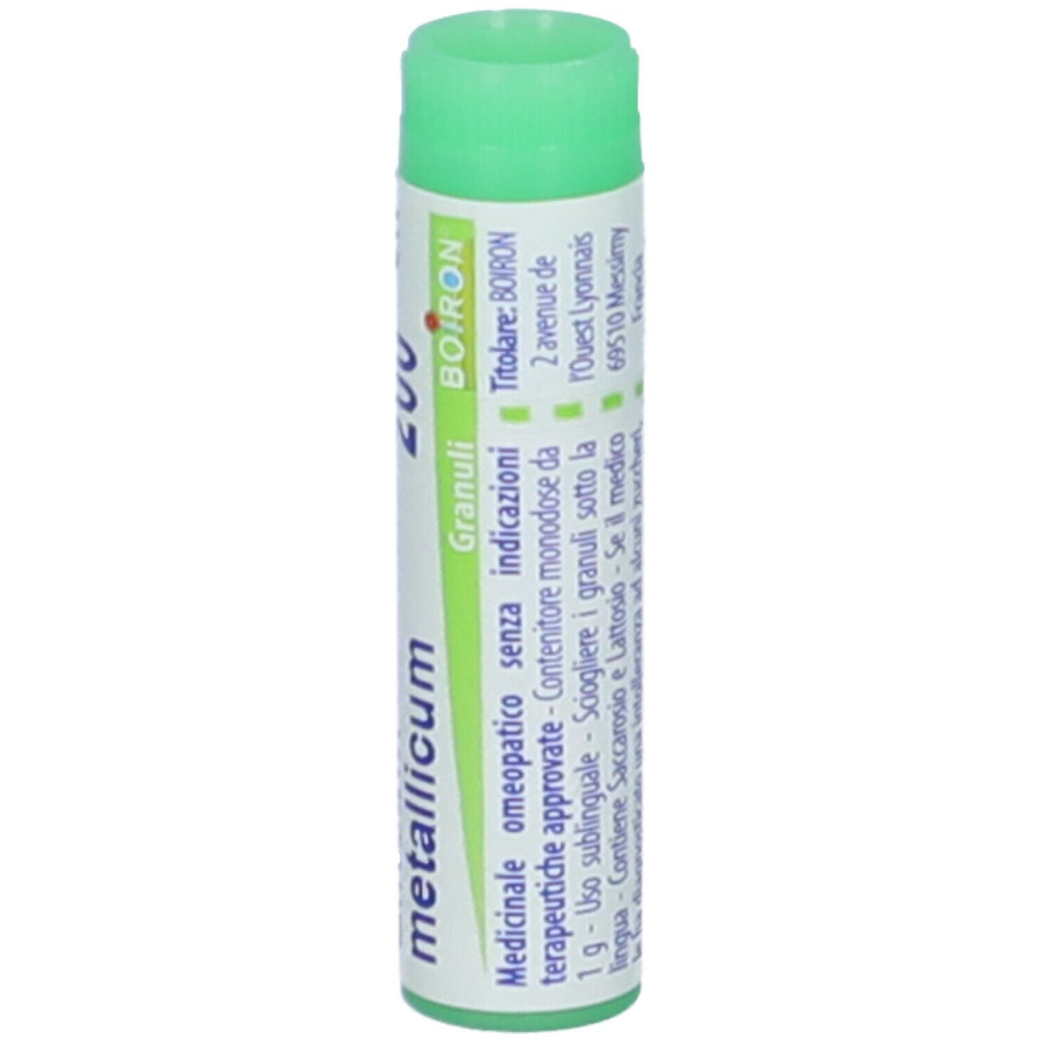 Confezione cilindrica con tappo verde. Scritte: Zincum metallicum, 200 ch, BOIRON.