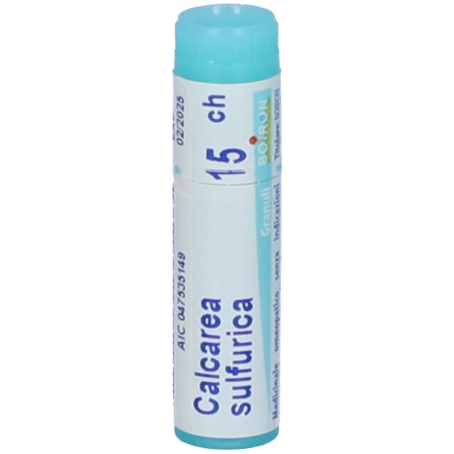 Confezione cilindrica con tappo blu. Scritta: Calcarea sulfurica, 15 ch, BOIRON, scadenza 02/2025.