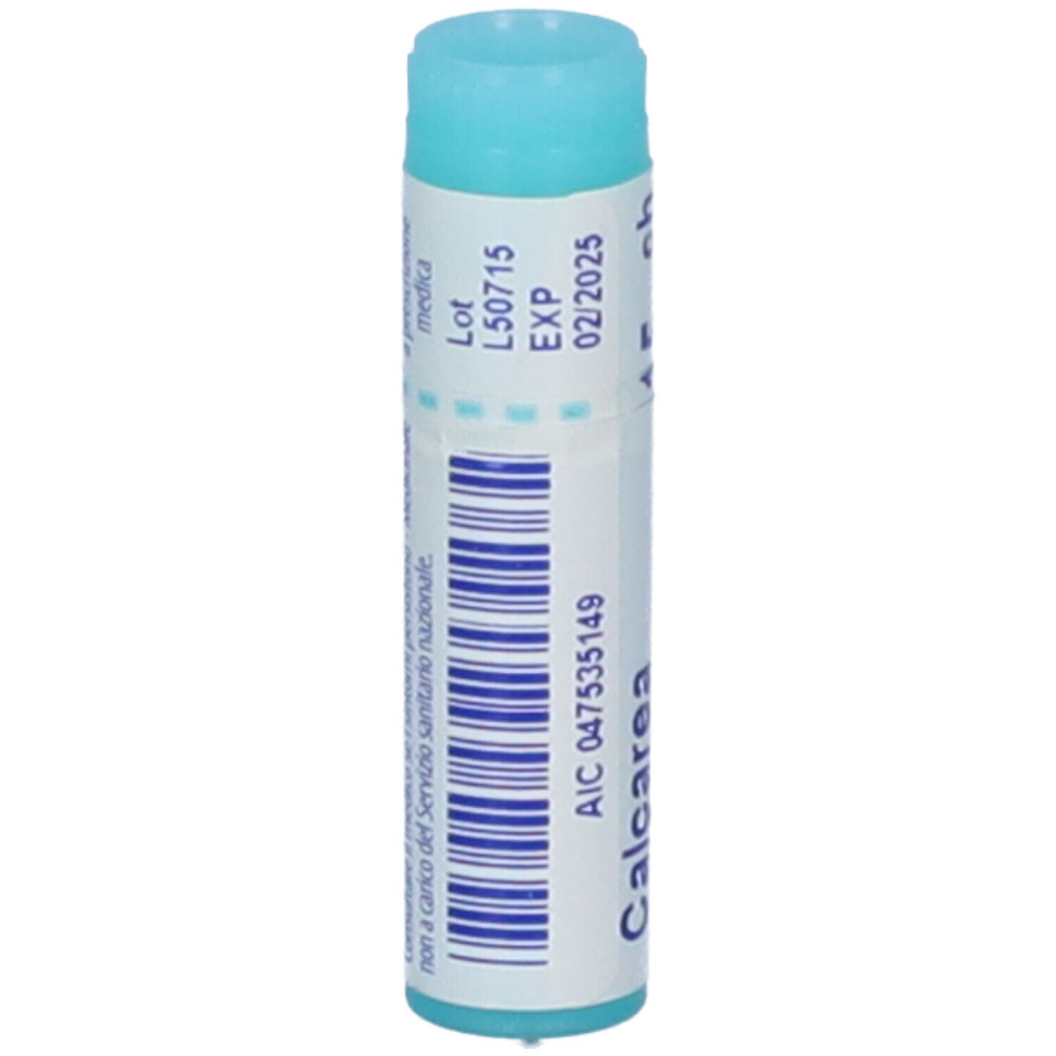 Confezione cilindrica con tappo blu. Scritta: Calcarea, codice a barre, AIC 047535149, scadenza 02/2025.