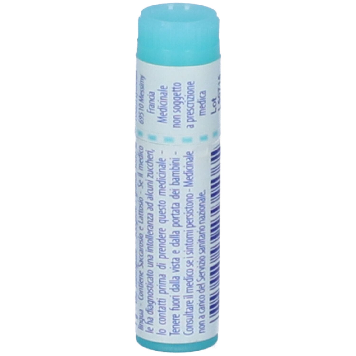 Confezione cilindrica con tappo blu. Scritta: Medicinale, non soggetto a prescrizione, 69510 Messimy, Francia.