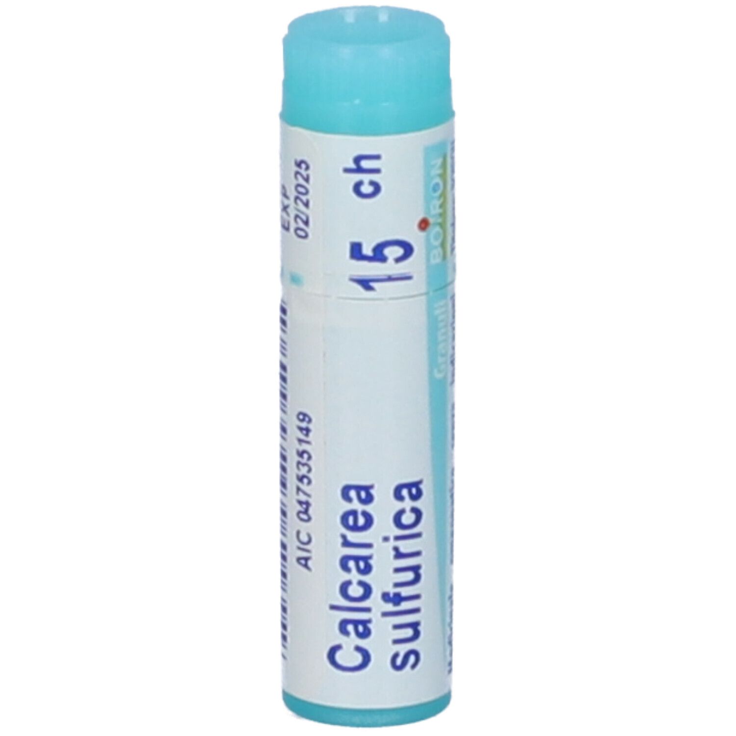 Confezione cilindrica con tappo blu. Scritta: Calcarea sulfurica, 15 ch, BOIRON, scadenza 02/2025.