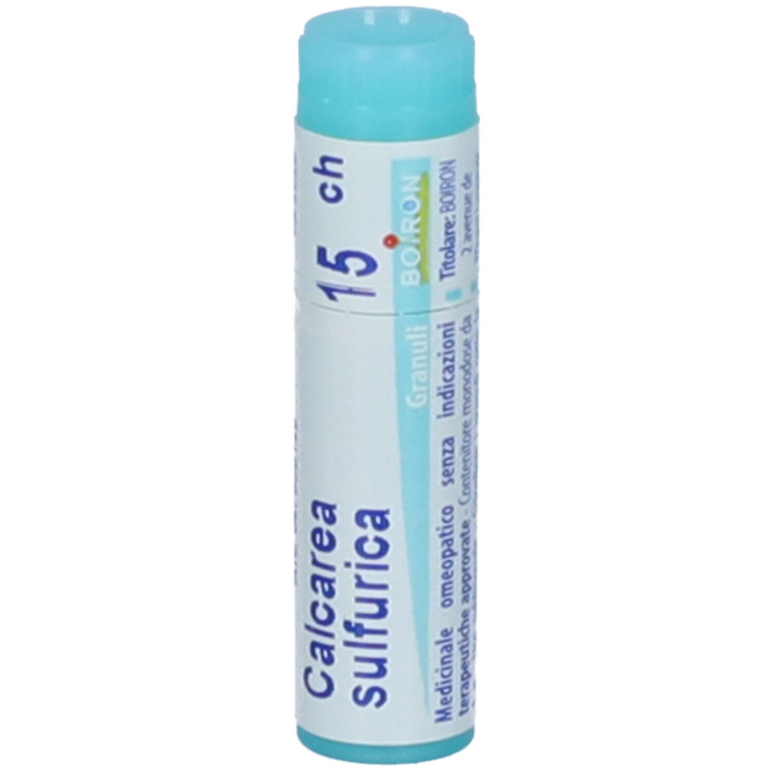 Confezione cilindrica con tappo blu. Scritta: Calcarea sulfurica, 15 ch, BOIRON, Granuli, Indicazioni.