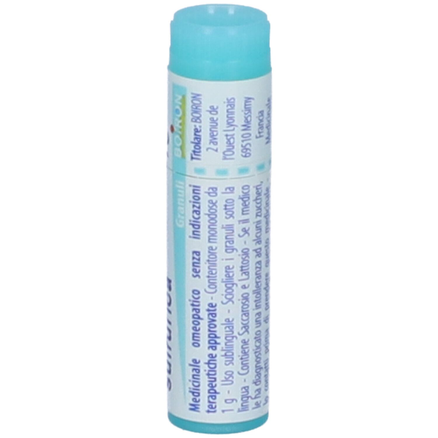 Confezione cilindrica con tappo blu. Scritta: BOIRON, Granuli, Indicazioni, Medicinale, 1 g.