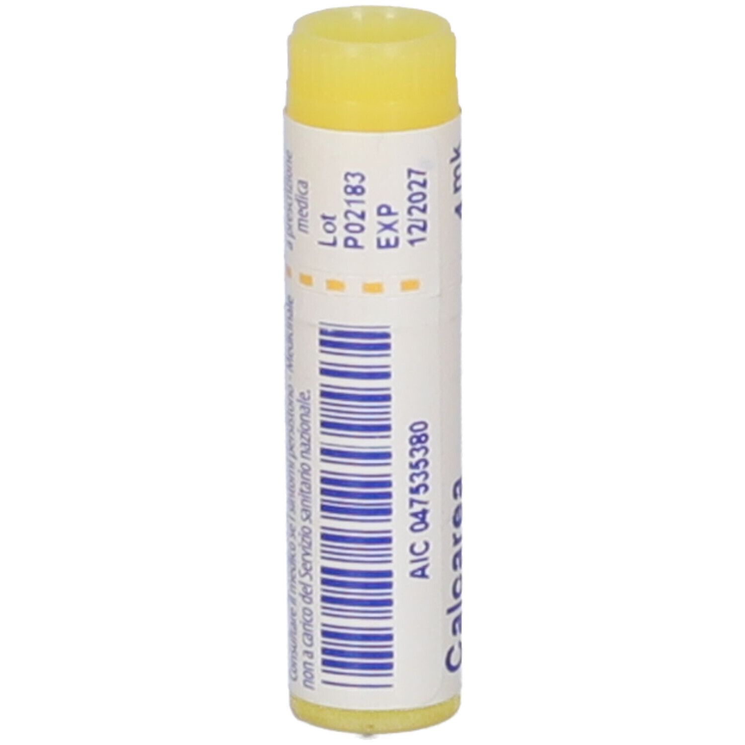 Contenitore cilindrico giallo con codice a barre ed etichetta bianca. Scritta: Calcarea, 4 mk, BOIRON. Numero di lotto e scadenza.