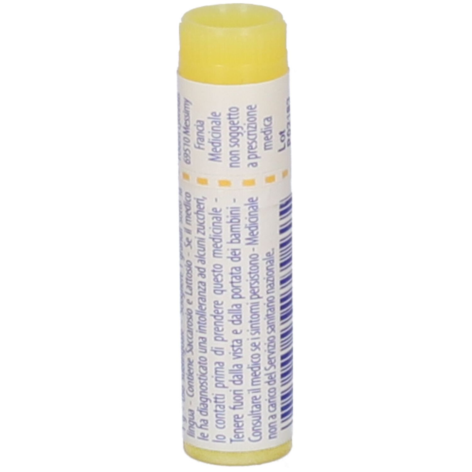 Contenitore cilindrico giallo con etichetta bianca. Testo: Medicinale, non soggetto a prescrizione. Indirizzo: 69570 Messimy, Francia.