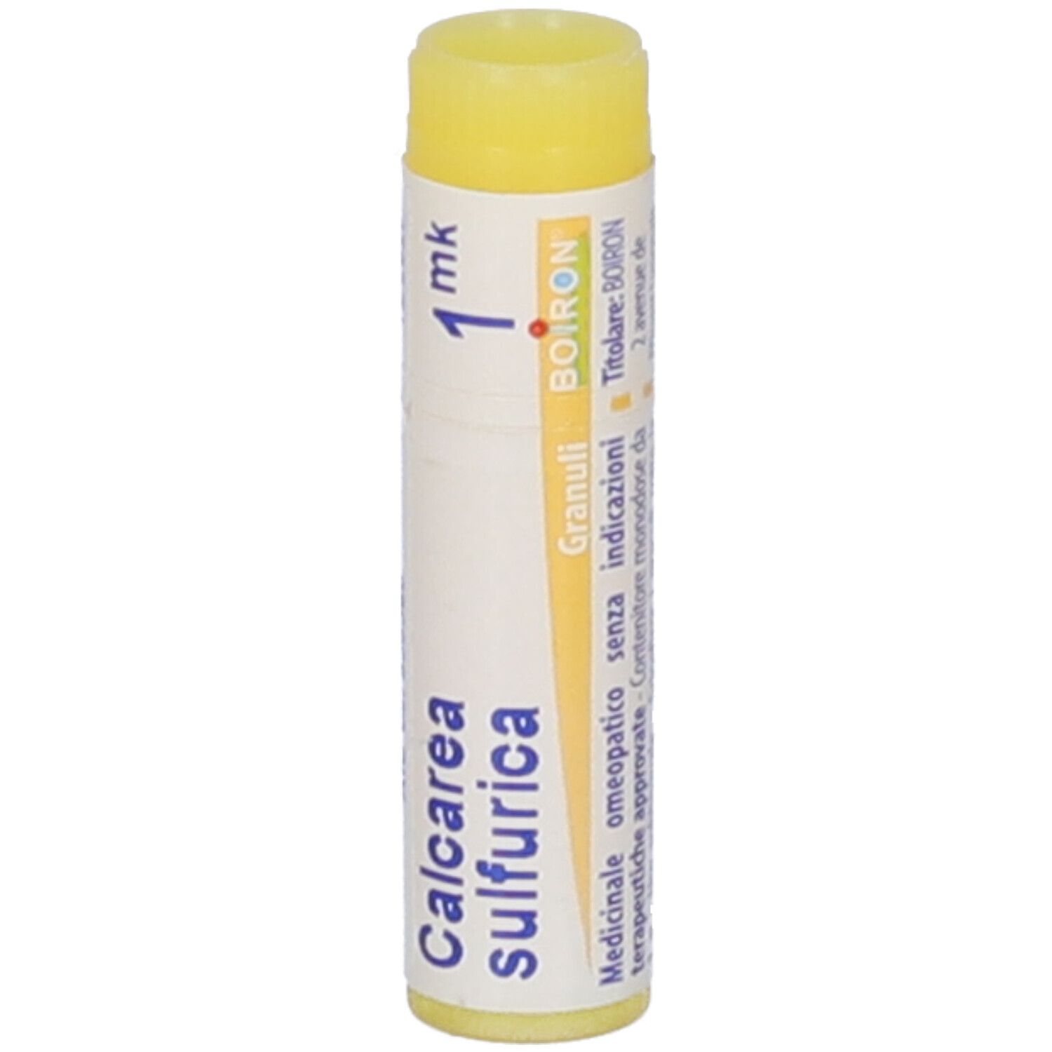 Contenitore cilindrico giallo con etichetta bianca. Scritta: Calcarea sulfurica, 1 mk, BOIRON. Granuli, senza indicazioni.